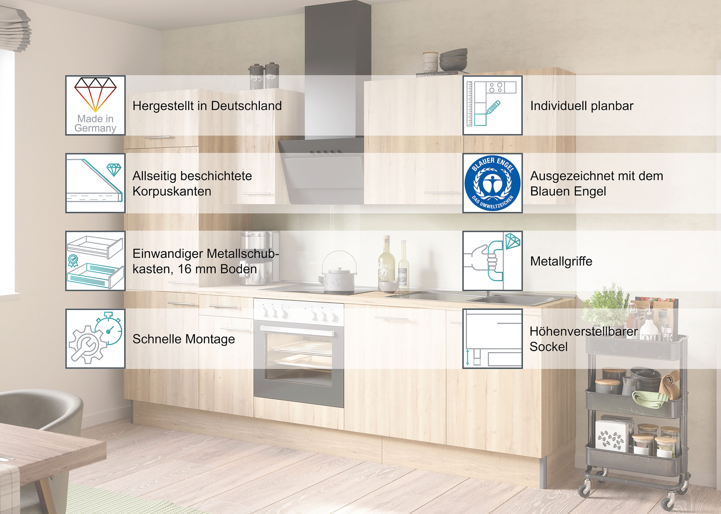 KOCHSTATION Kitchenette »KS-Sion« Breite 330 cm, neue Technik: OPTIsnap, wahlweise mit E-Geräten