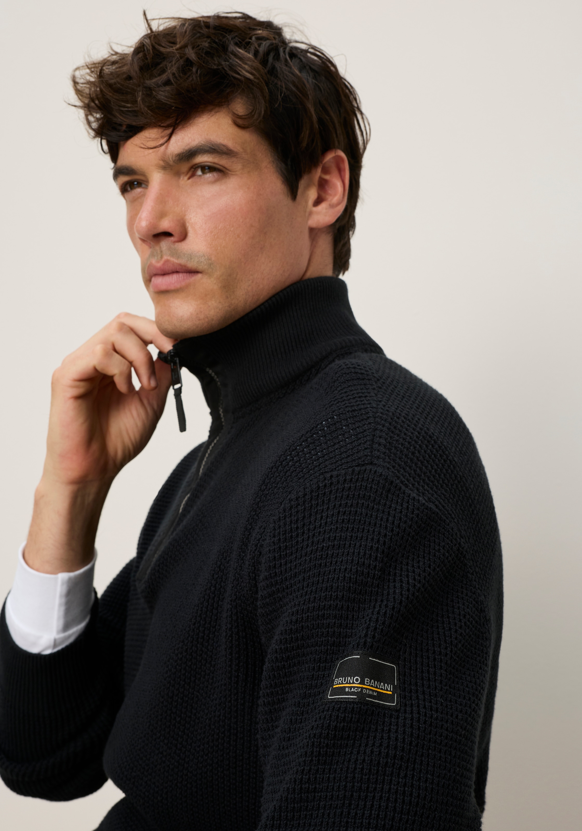 Bruno Banani Troyer avec fermeture éclair, coupe régulière, en coton, uni, manches longues,