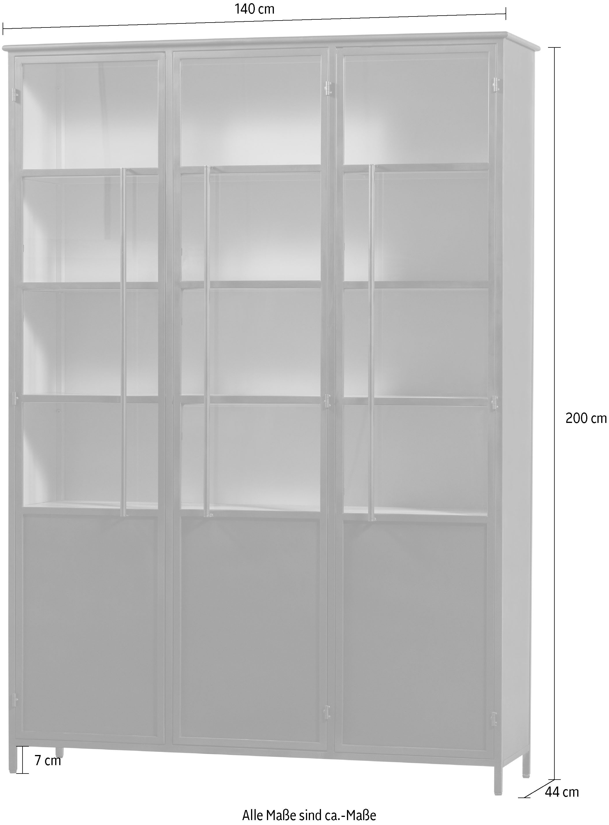 WOOOD Vitrine »Exhibit Metall pulverbeschichtet mit Glastüren H 200 x B 140 x D 42 cm« Tragkraft 20 kg pro Boden, einfach zu montierbar, pfleigleicht