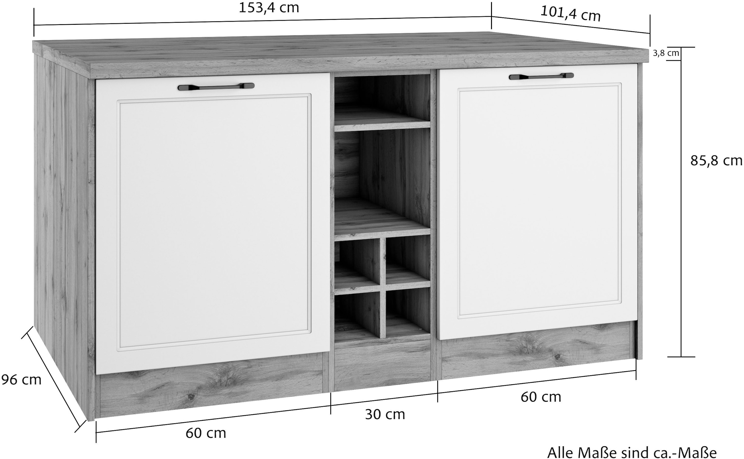 KOCHSTATION Ilot de cuisine »KS-Lana, Breite 153 cm« façades MDF, plan de travail épaisseur 38 mm