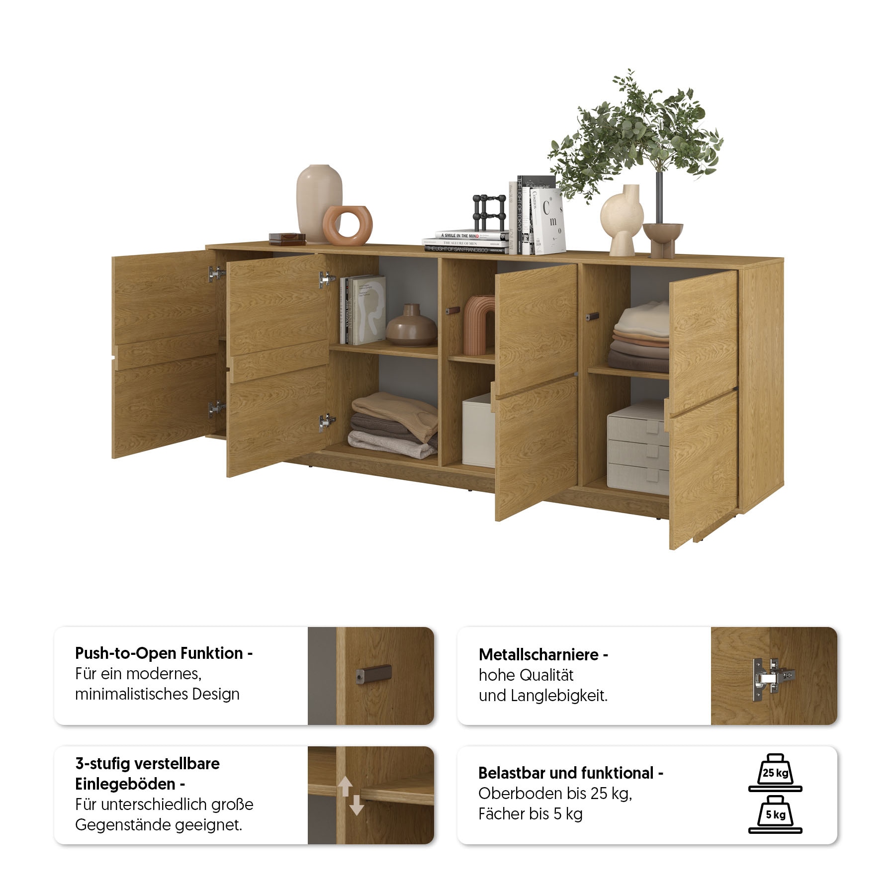 GOODproduct Buffet »Tatami, Stilvolle, moderne grifflose Kommode 4 Türen, Breite 220cm« Anrichte mit viel Stauraum, Böden verstellbar, push-to-open-Funktion