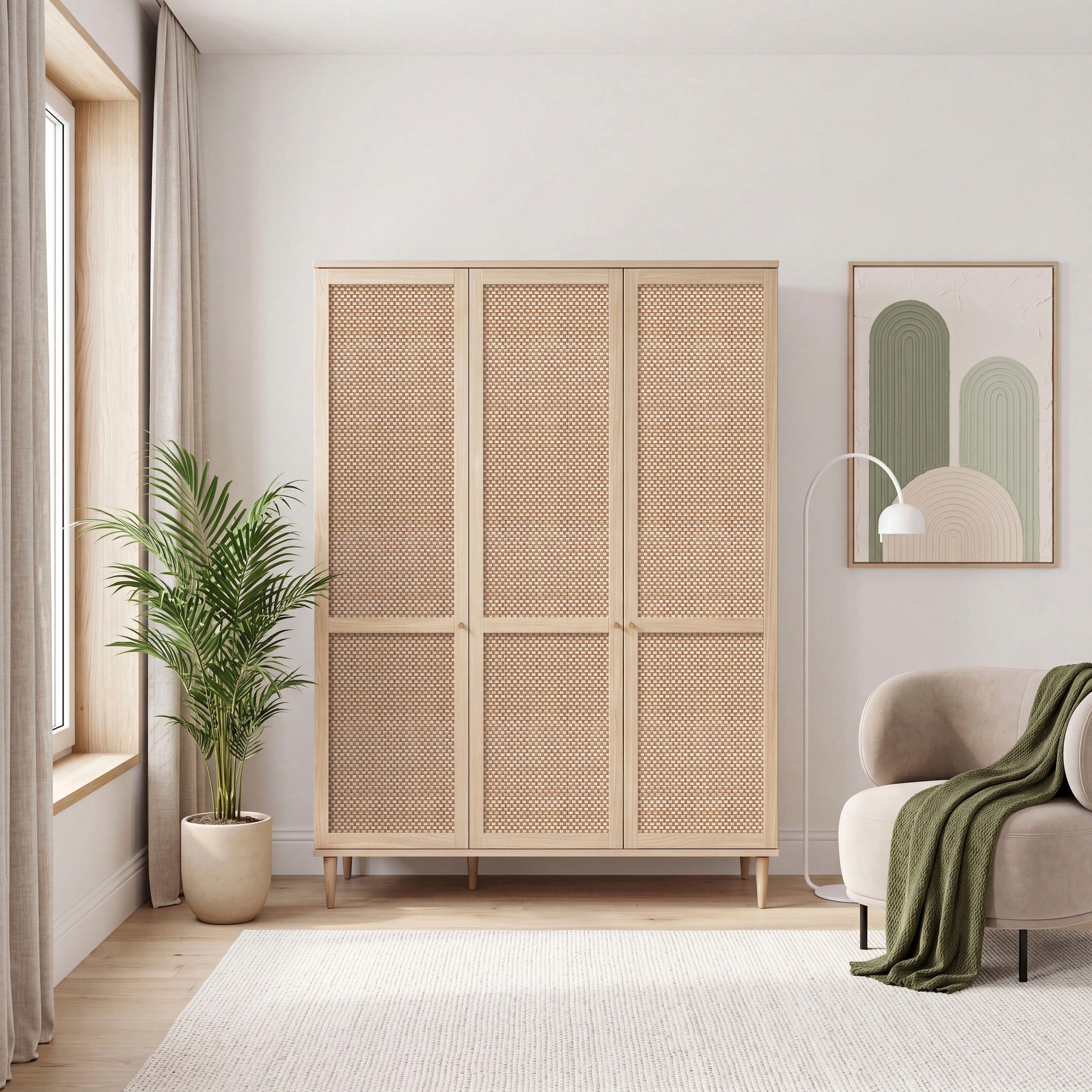 GOODproduct Kleiderschrank »ELLIAN mit Rattan, Wiener Geflechtoptik und warmem Holzdekor« Boho-Stil, Metallgriffe, Made in EU, viel Stauraum, FSC®, Vintage