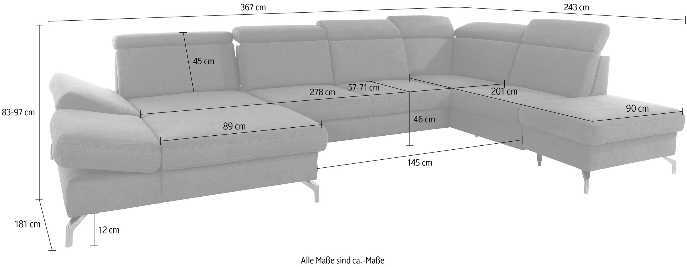 sit&more Wohnlandschaft »Brisbane U-Form« Fusshöhe 12 cm, inklusive Sitztiefen-, Armteil- und Kopfteilverstellung