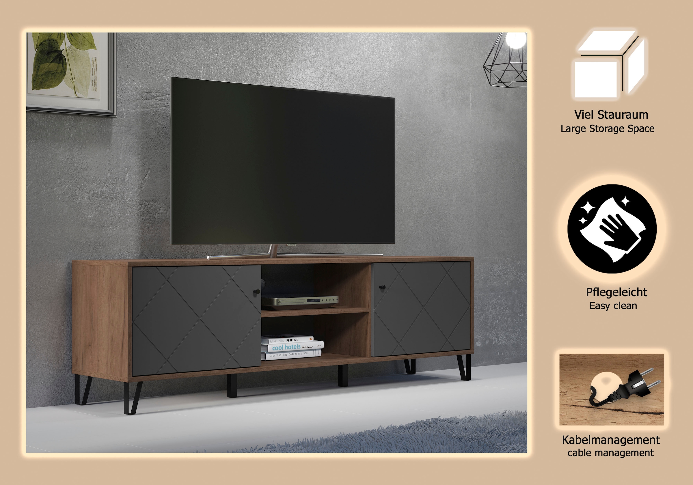 PLACES OF STYLE Lowboard »Molveno« 1 Stk. tlg. TV-Unterteil mit 2 Türen & 2 Fächern - (B/T/H) 183/40/56 cm