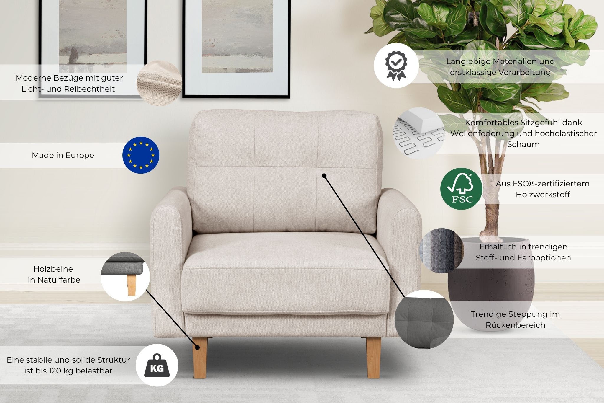 Home affaire Sessel »TRIPLO Relaxsessel mit Wellenunterfederung, Masse B/T/H: 95/100/89 cm« Polstersessel mit Steppung im Rückenkissen, hohe Qualität