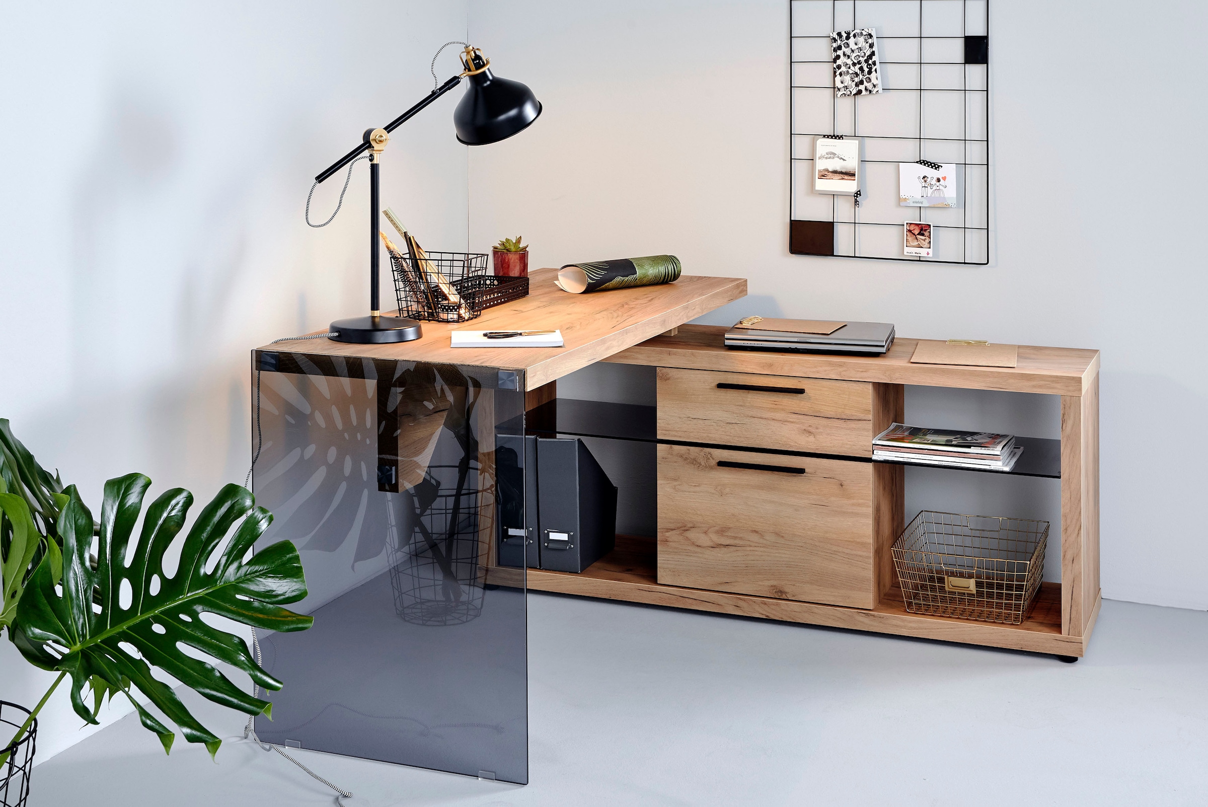 Jahnke Bureau d'angle »LUX« montage réversible, panneau latéral en verre de sécurité ESG