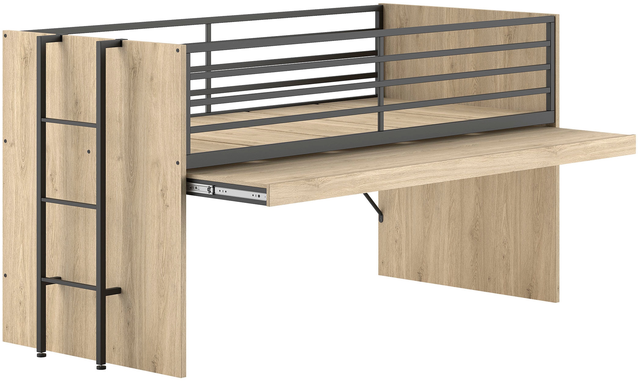 Vipack Hochbett »Sam, schlafen und arbeiten in einem, wahlweise Eiche- oder Weiss-Dekor« Liegefläche 90x200 cm, darunter eine grosse ausziehbare Schreibplatte,  Inkl. Absturzschutz u. Leiter, pflegeleichte Dekor Oberfläche