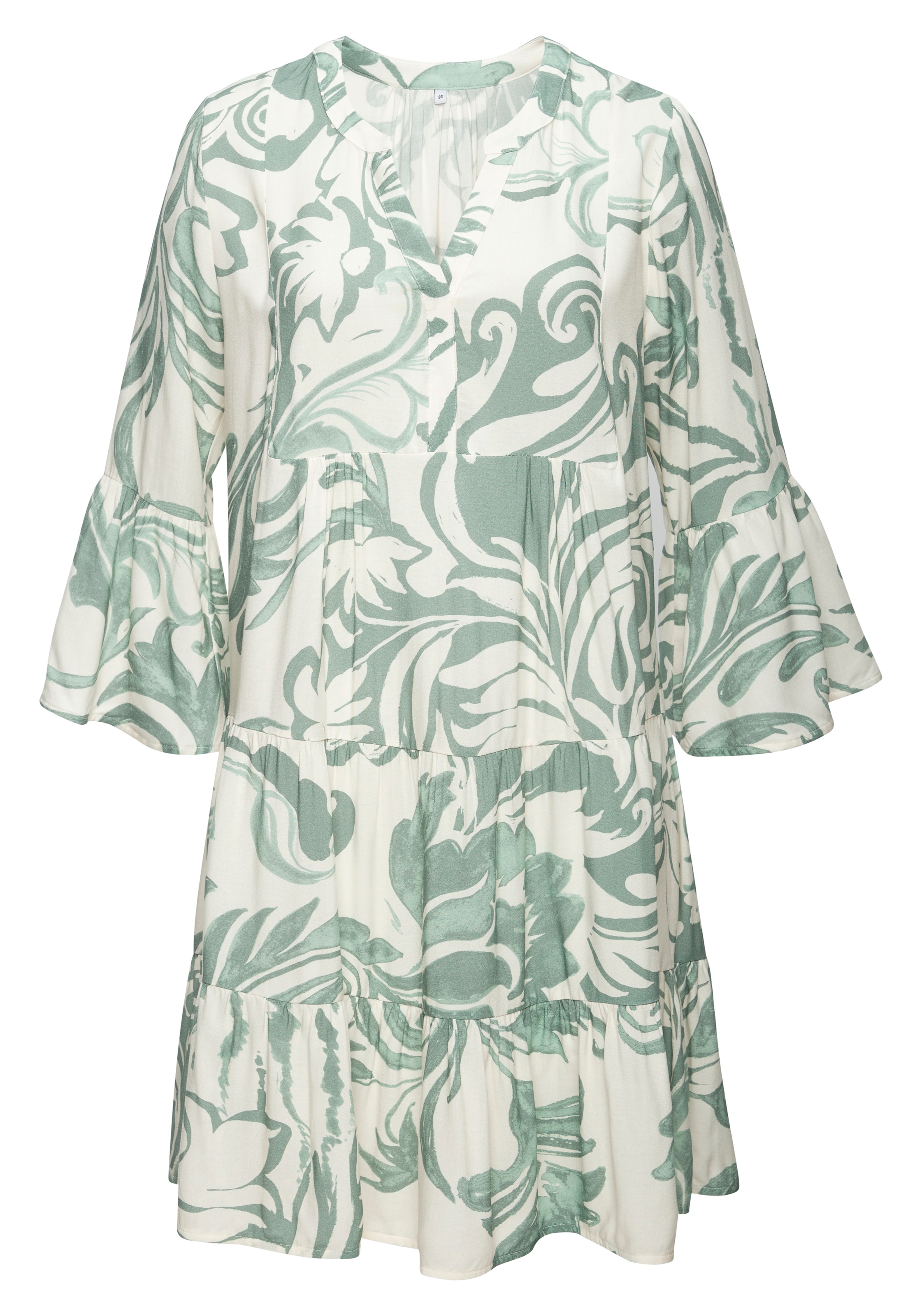 Vivance Robe tunique »im sommerlichen Boho-Stil mit Volant aus Viskose-Webware« Sans poches Robe d'été aérienne avec manches 3/4, robe de plage, longue blouse