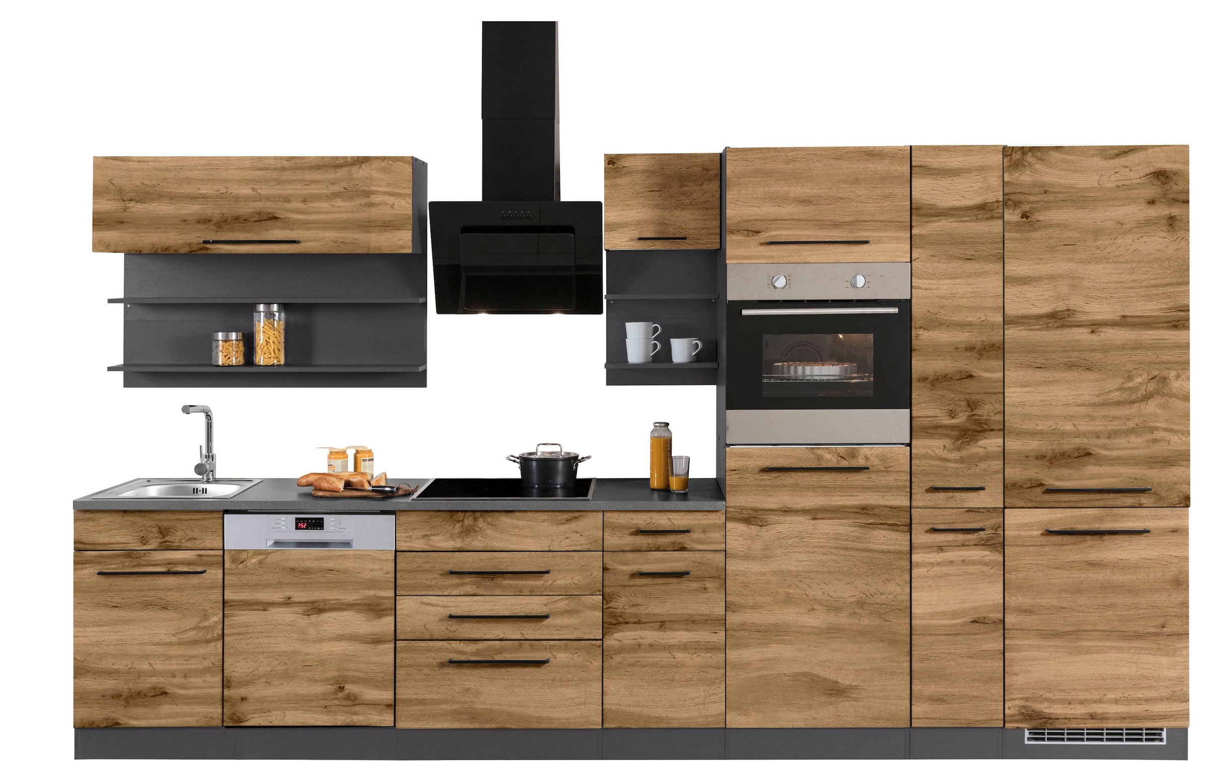 KOCHSTATION Küchenzeile »KS-Tulsa« ohne E-Geräte, Breite 360 cm, schwarze Metallgriffe, MDF Fronten