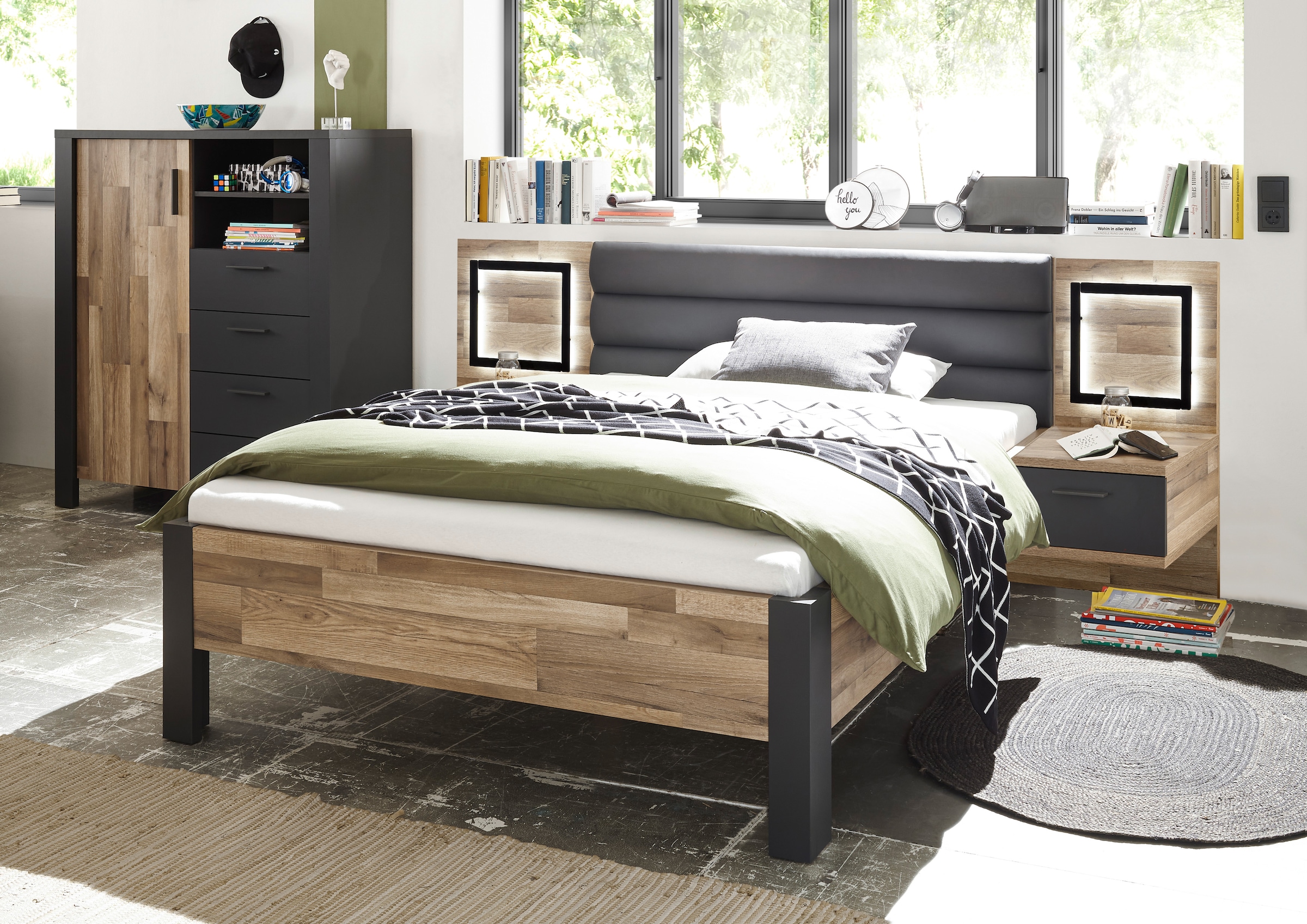 Begabino Schubkastenkommode »Dallas Hochkommode, Sideboard, Wäscheschrank« mit Schubkästen, Schrank in Montana Oak-Graphit