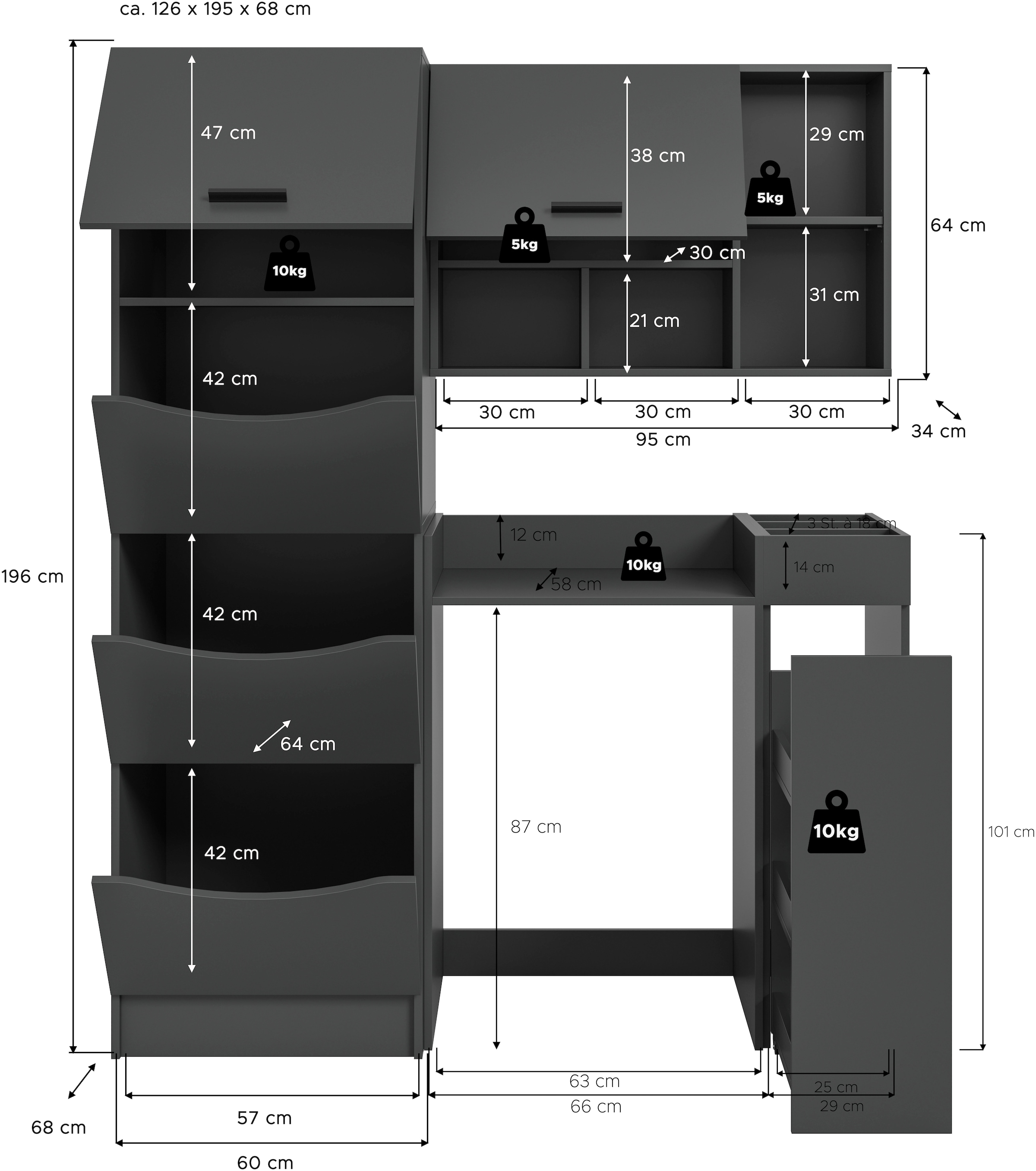 welltime Badmöbel-Set »FALAS,  4-teilig, Hauswirtschaftsraum Set, Breite 126 cm« Set, Wäschschrank, Waschmaschinenumbauschrank, Standregal, Hängeschrank, 4 Stk. tlg.