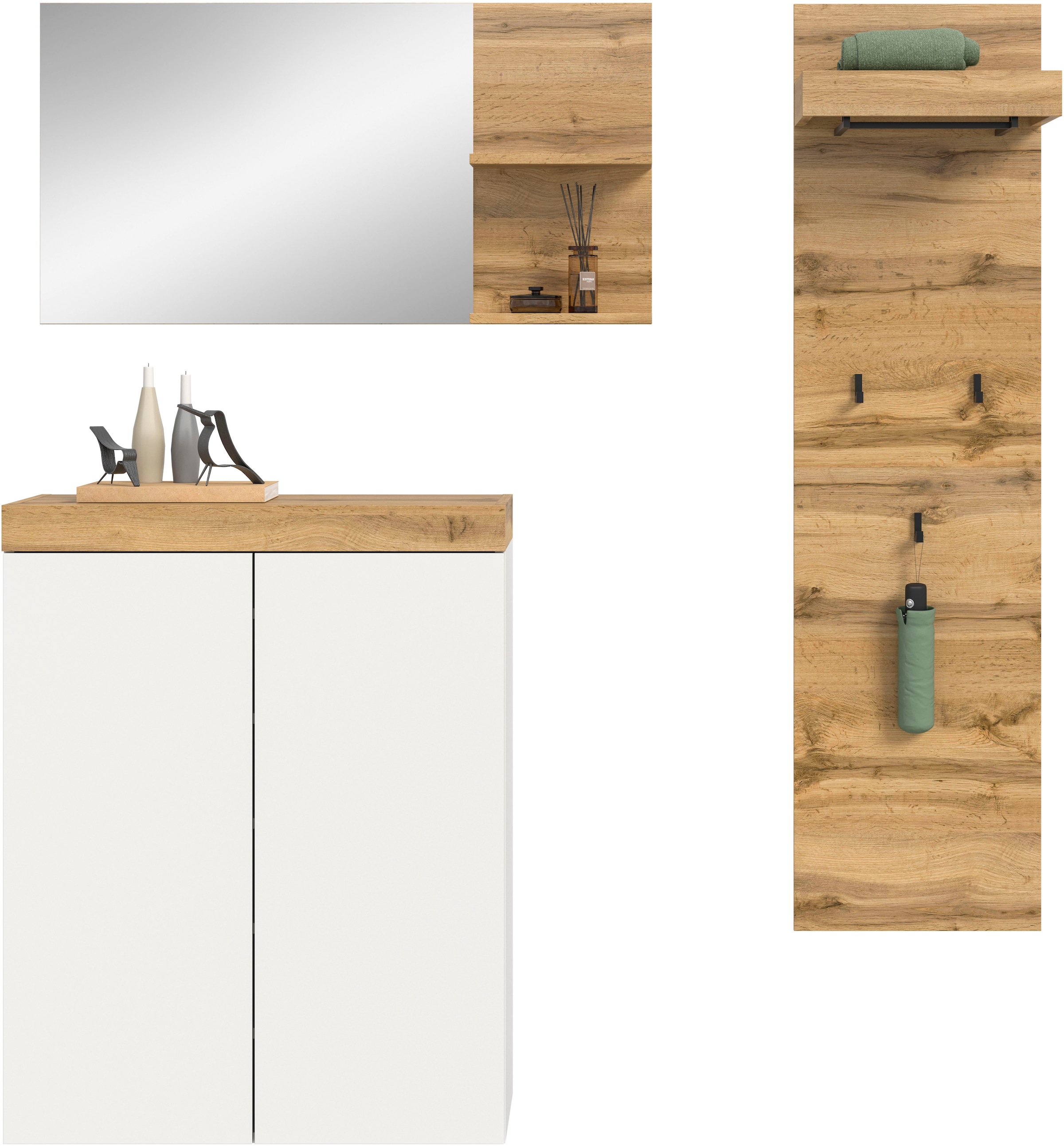 GOODproduct Ensemble de vestiaires »MAMBO, TOPSELLER!, 3-teilige Kombination, stehend & hängend montierbar« bestehend aus: Kommode, Spiegel, Garderobenpaneel, 3 cuis tlg.