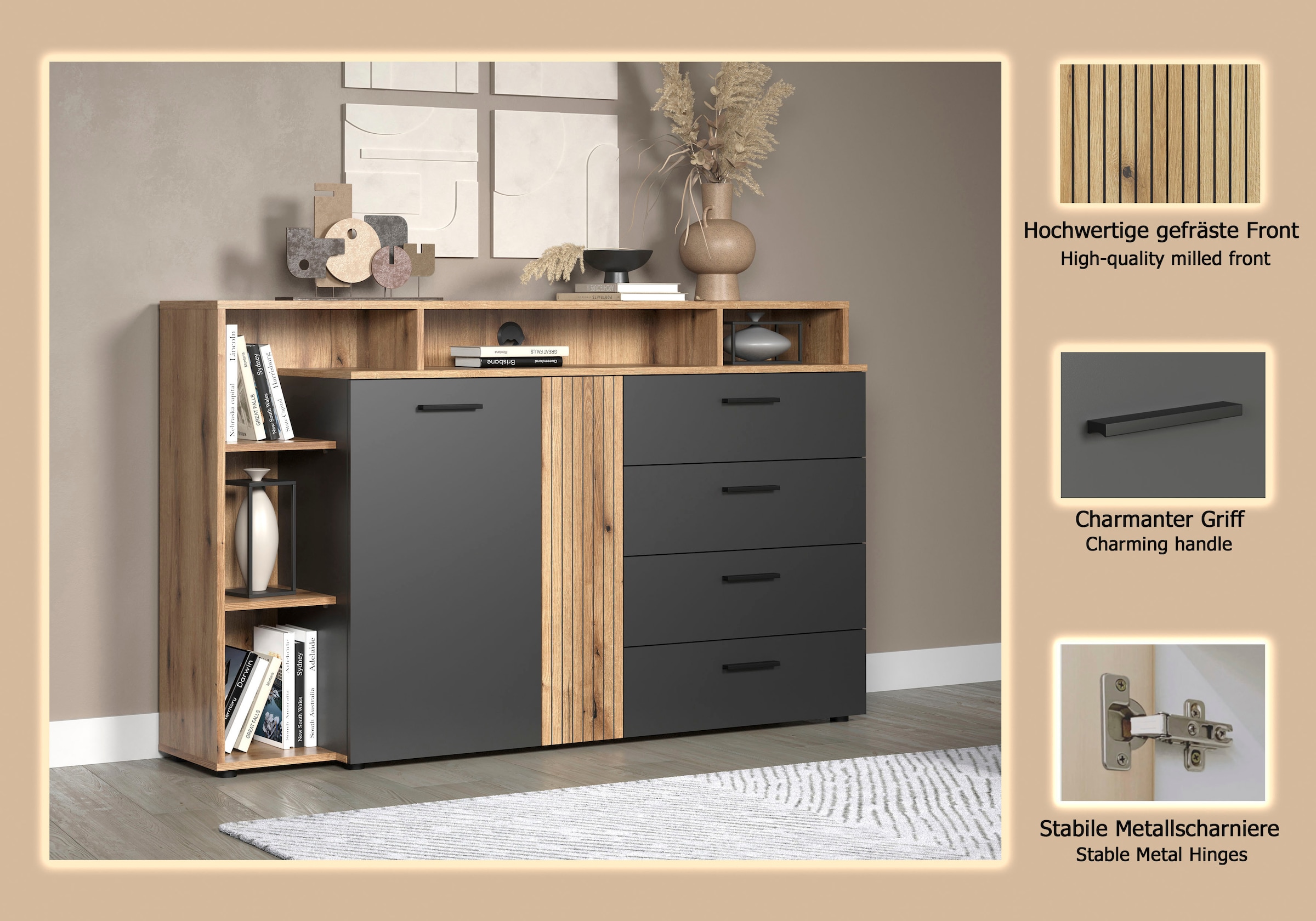 INOSIGN Table basse »Estepona« 1 cuis tlg. TV Kommode mit 2 Türen & 4 Schubladen Vollauszug (B/T/H) 168/38/101 cm