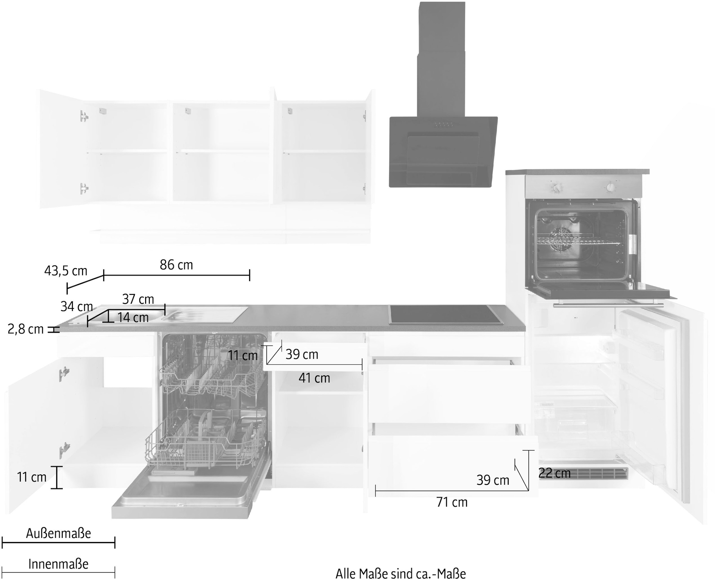 KOCHSTATION Kitchenette »KS-Virginia,neu in verbesserter Ausführung« plan de travail épaisseur 38 mm, rangement, fermeture douce,  largeur 300 cm, soft-close, sans appareils électriques