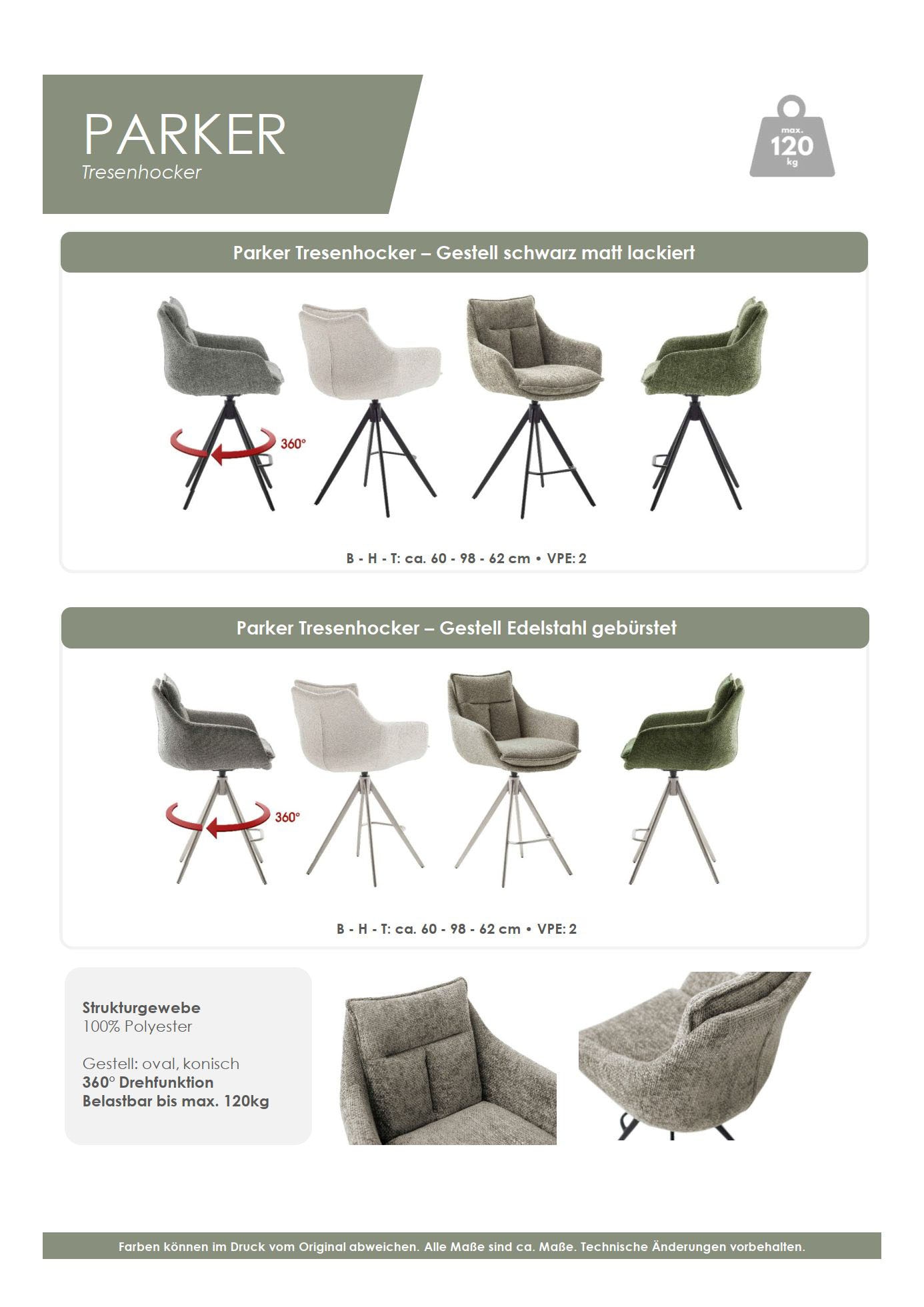 MCA furniture Chaise de bistrot »Parker Tresenstuhl mit Armlehnen Tresenhocker« (Set) 2 cuisBarhocker,Barmoebel,Barstuhl,360° drehbar,mit Lehne,belastbar 120 kg