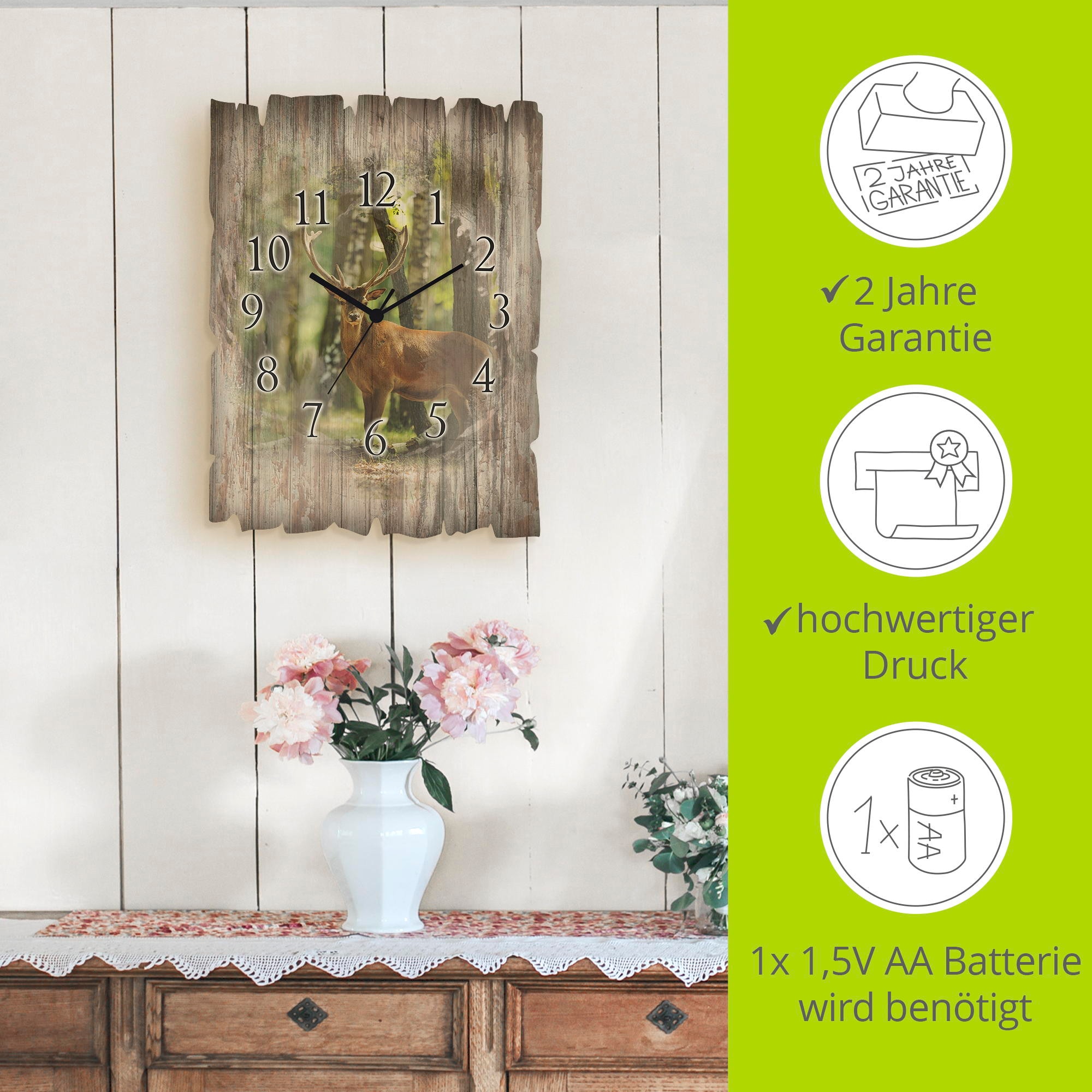 Artland Wanduhr »Hirsch 4 - Wald« wahlweise mit  Quarz- oder Funkuhrwerk, lautlos ohne Tickgeräusche
