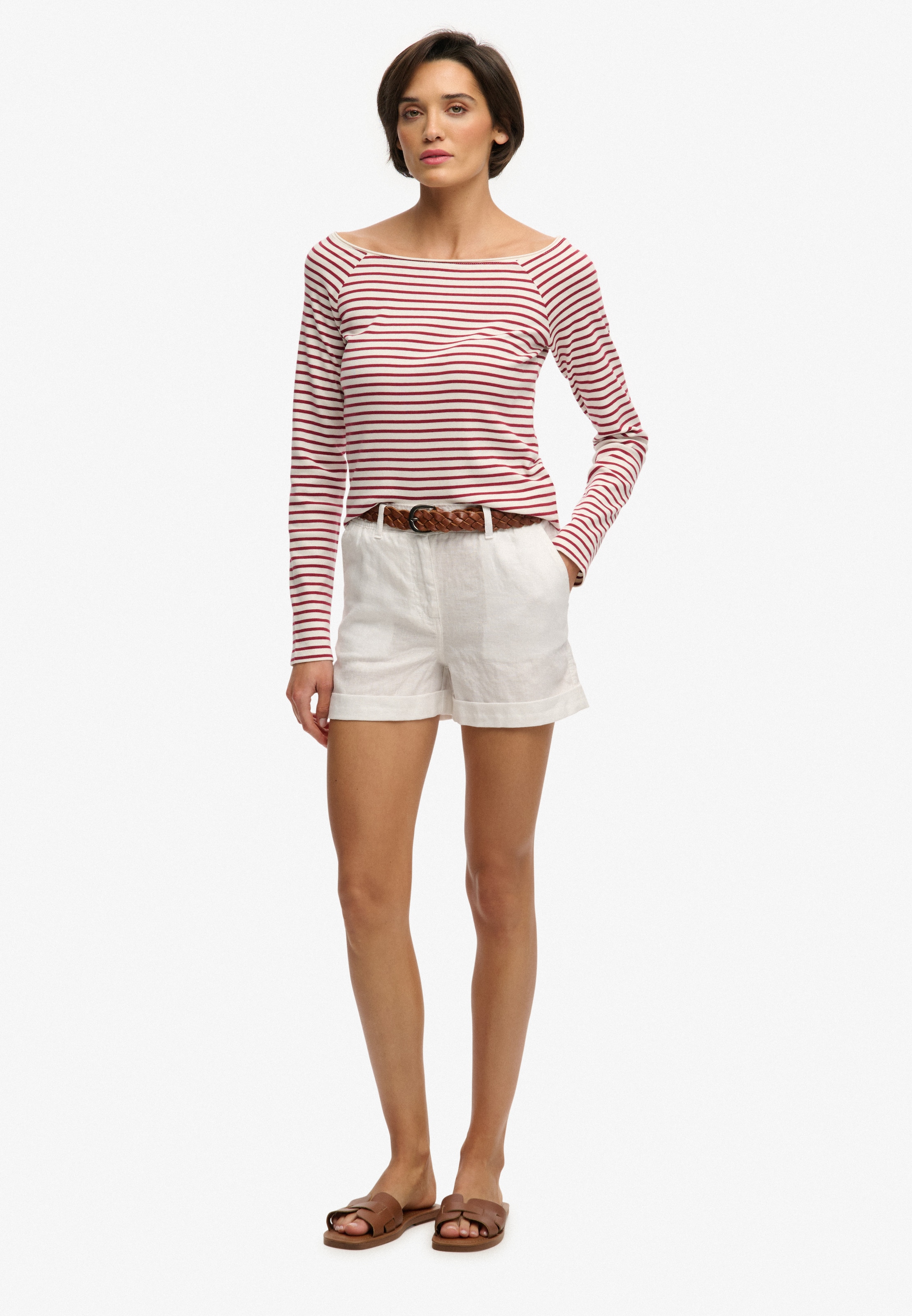 Superdry T-shirt à manches longues »BARDOT OFF SHOULDER TOP« mit U-Boot Ausschnitt und Wellenkante am Bund