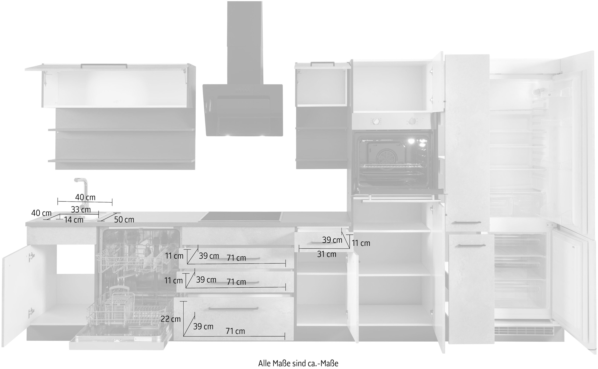 KOCHSTATION Küchenzeile »KS-Tulsa« ohne E-Geräte, Breite 380 cm, schwarze Metallgriffe, MDF Fronten