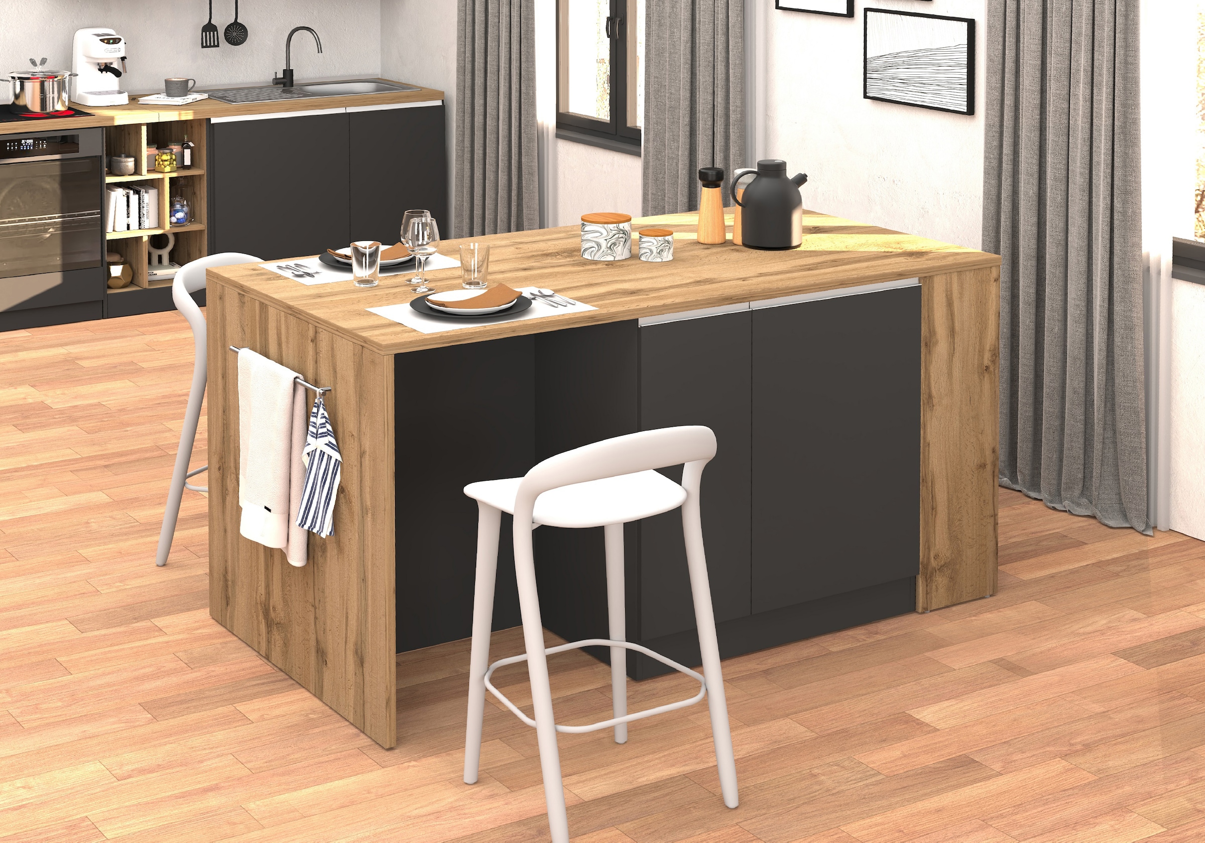 KOCHSTATION Ilot de cuisine »KS-Sole, Kochinsel, Küchenarbeitsblock, Arbeitsinsel, Made in Italy« Breite 167,5 cm, 2 Apothekerauszüge, 2 Essplätze, 1 offenes Regal