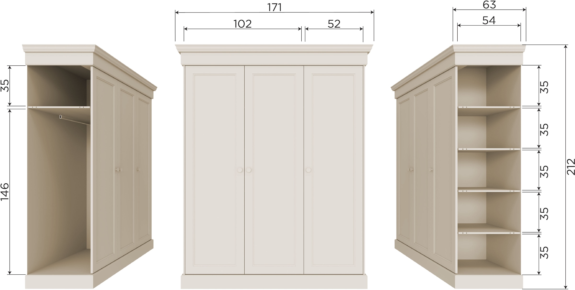 WOOOD Armoires à vêtements »Olivia FSC®-Kiefernholz mit Hängebereich, H 212 x B 171 x T 63 cm« capacité de charge 10 kg par étagère, options d'étagères disponibles