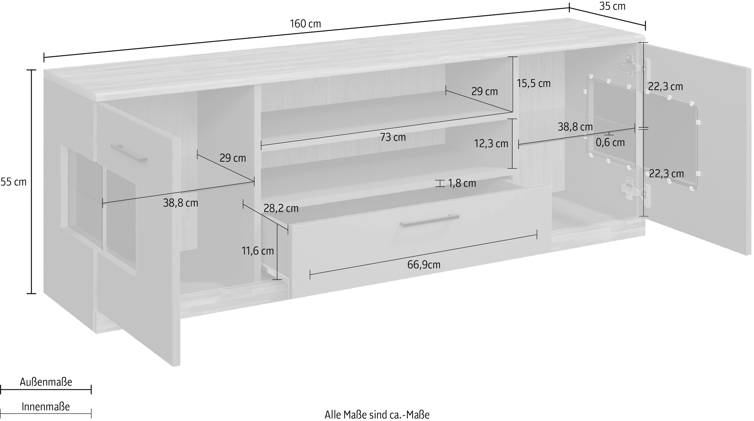 GOODproduct Lowboard »Ribe,160cm breit,55cm hoch,Oberplatte Eiche massiv« Eiche massiv,Melamin in Salbeigrün,schwarze Metall Griffe