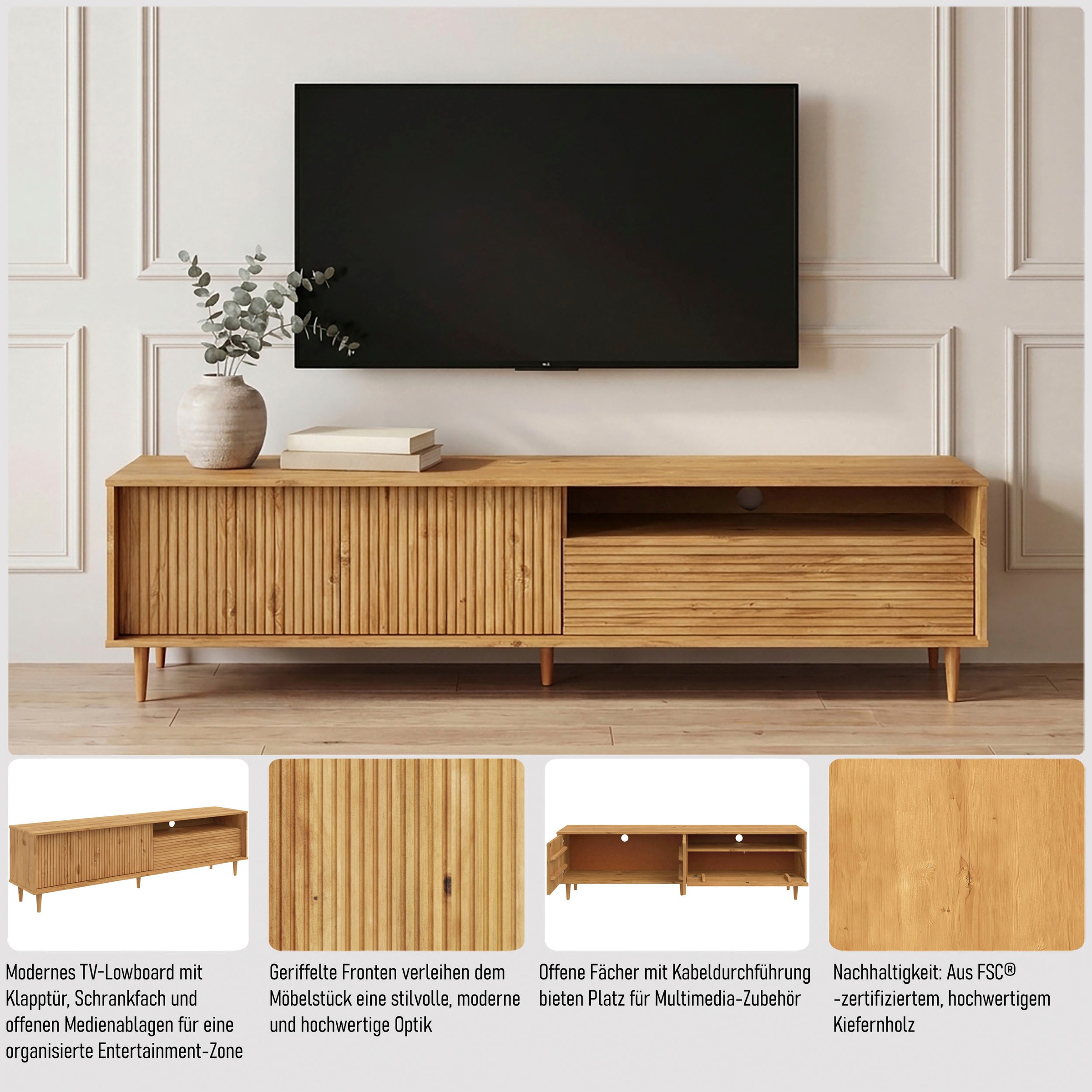 GOODproduct Lowboard »Malmedy  Front mit gefrästen Rillen« TV-Kommode aus massivem Kiefernholz, Push-to-open, Breite 180 cm