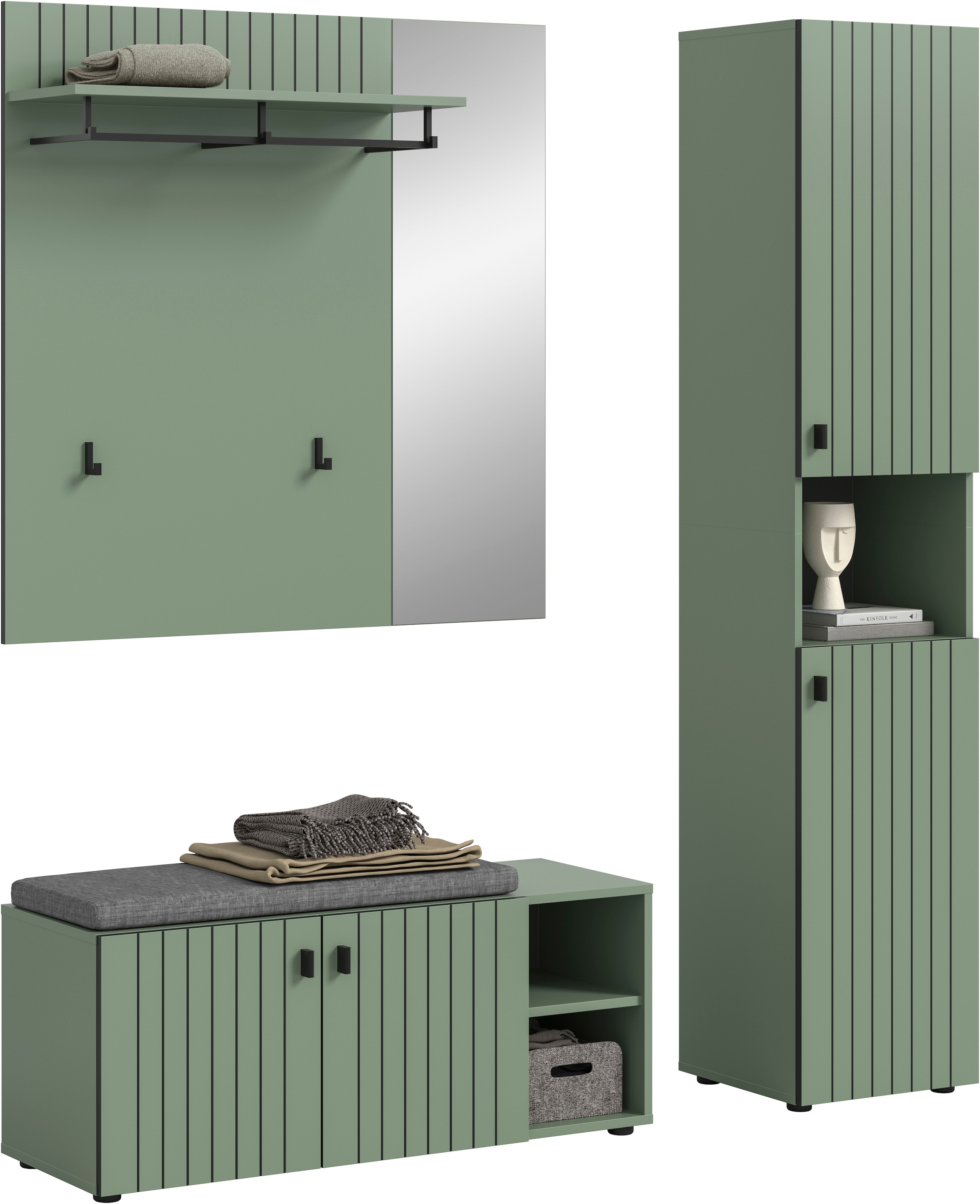 Home affaire Ensemble de vestiaires »TATIO, 4-tlg. Garderobenkombination, Breite: 161 cm, Rillenfräsung« Set, Set, best. aus: 1 Paneel, 1 Garderobenschrank,1 Sitzbank,1 Sitzkissen, 4 cuis tlg.