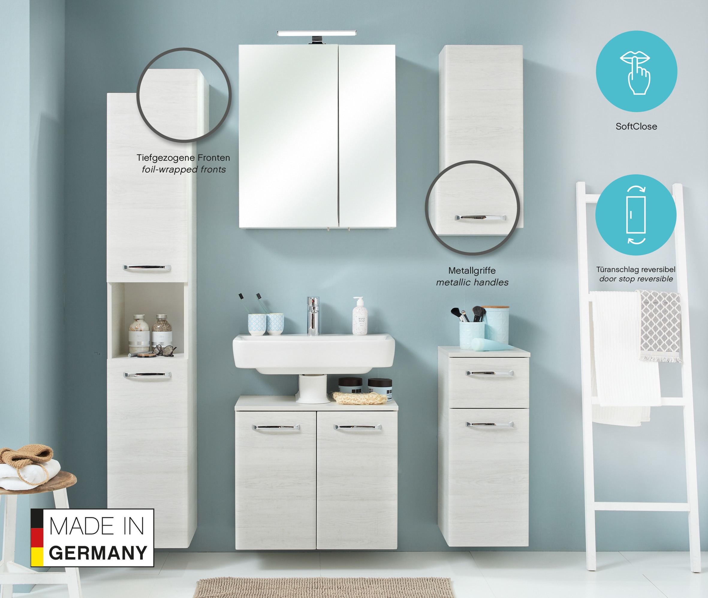 Saphir Armoire sous lavabo »Quickset Unterbeckenschrank mit 2 Türen, Siphonausschnitt, 60 cm breit« Armoire sous lavabo avec amortisseur de porte, poignées chromées brillantes