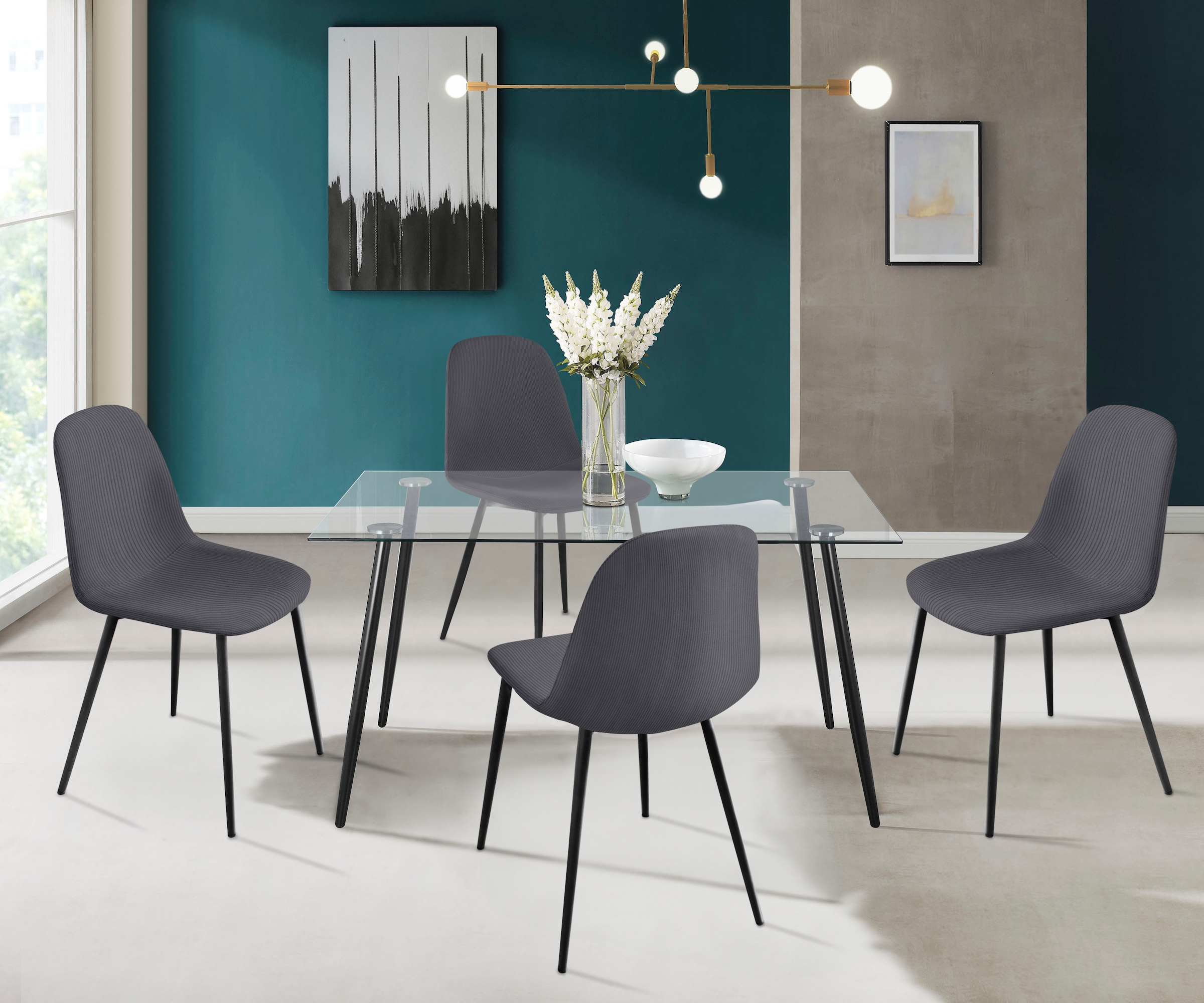 INOSIGN Essgruppe »Danny-Miller« Set, Set 140 cm, 5 Stk. tlg. Glastisch 140x80 cm mit 4 Stühlen (Cord), Gestell aus Metall