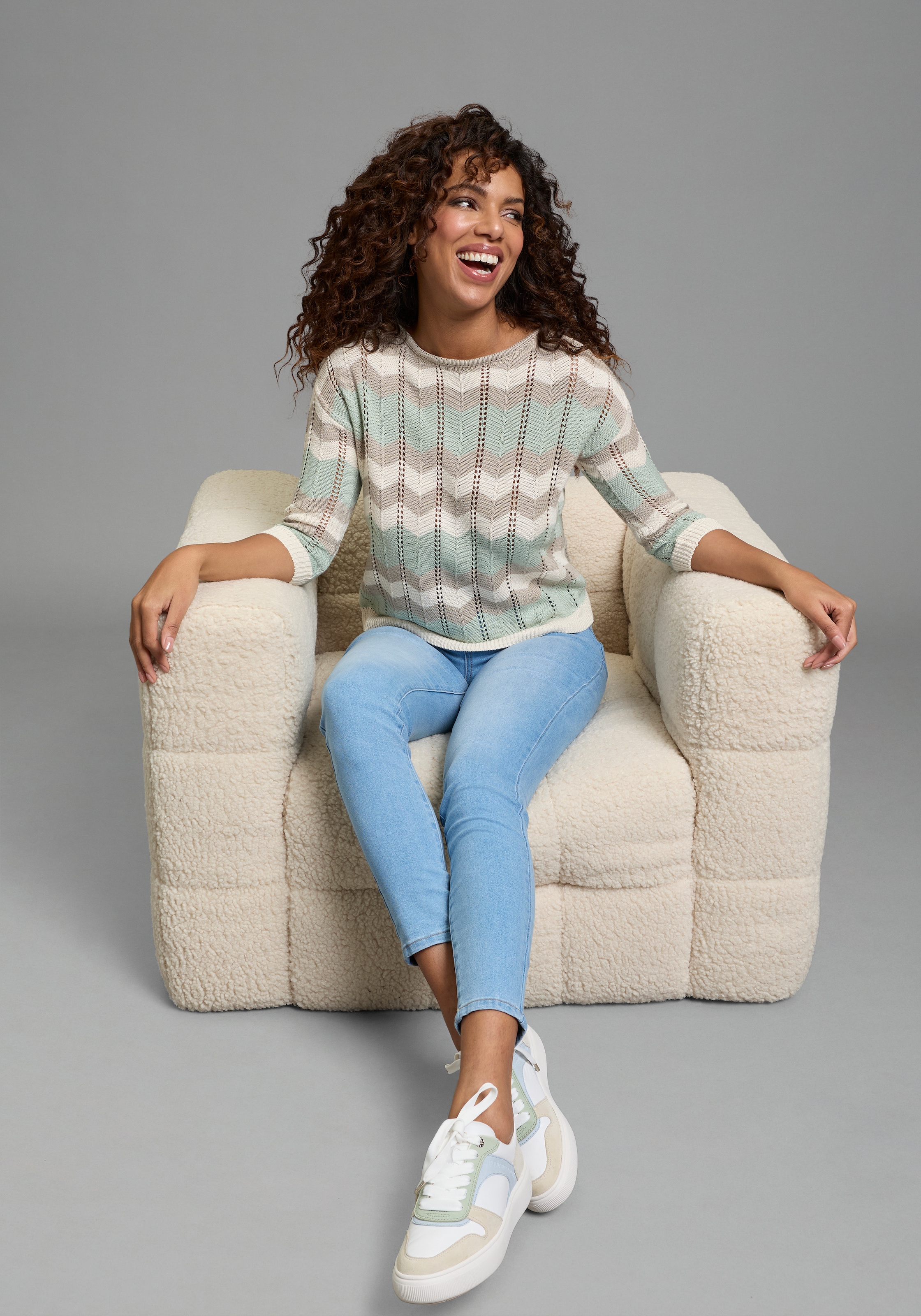 Laura Scott Strickpullover leichter Übergangspullover mit Ajourmuster und 3/4 Ärmeln