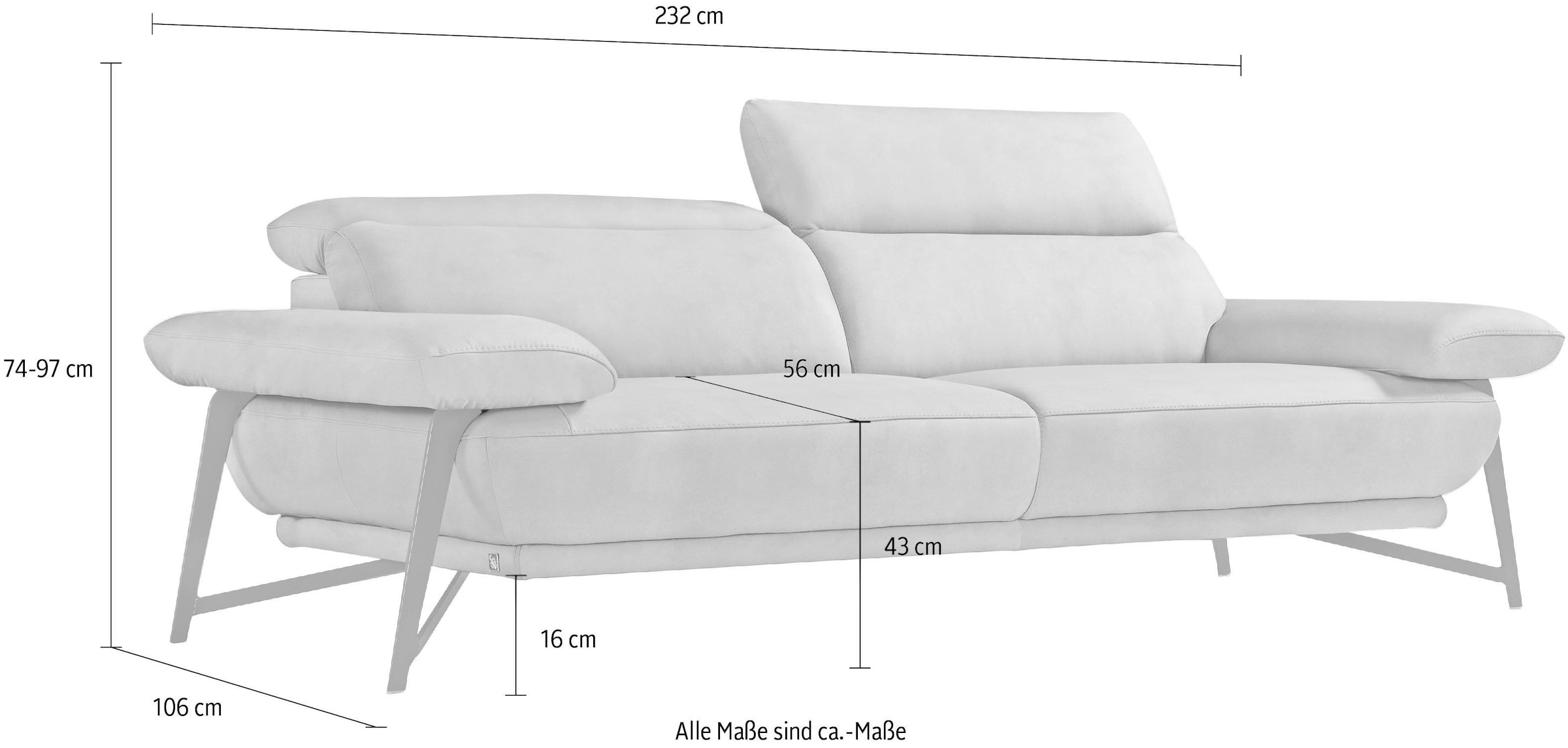 Egoitaliano 2,5-places »Anais, Designsofa mit erstklassigem Sitzkomfort, Fussfarbe schattengrau« Kopfteil verstellbar, 232 cm, Luxus-Microfaser Lederoptik, marsala