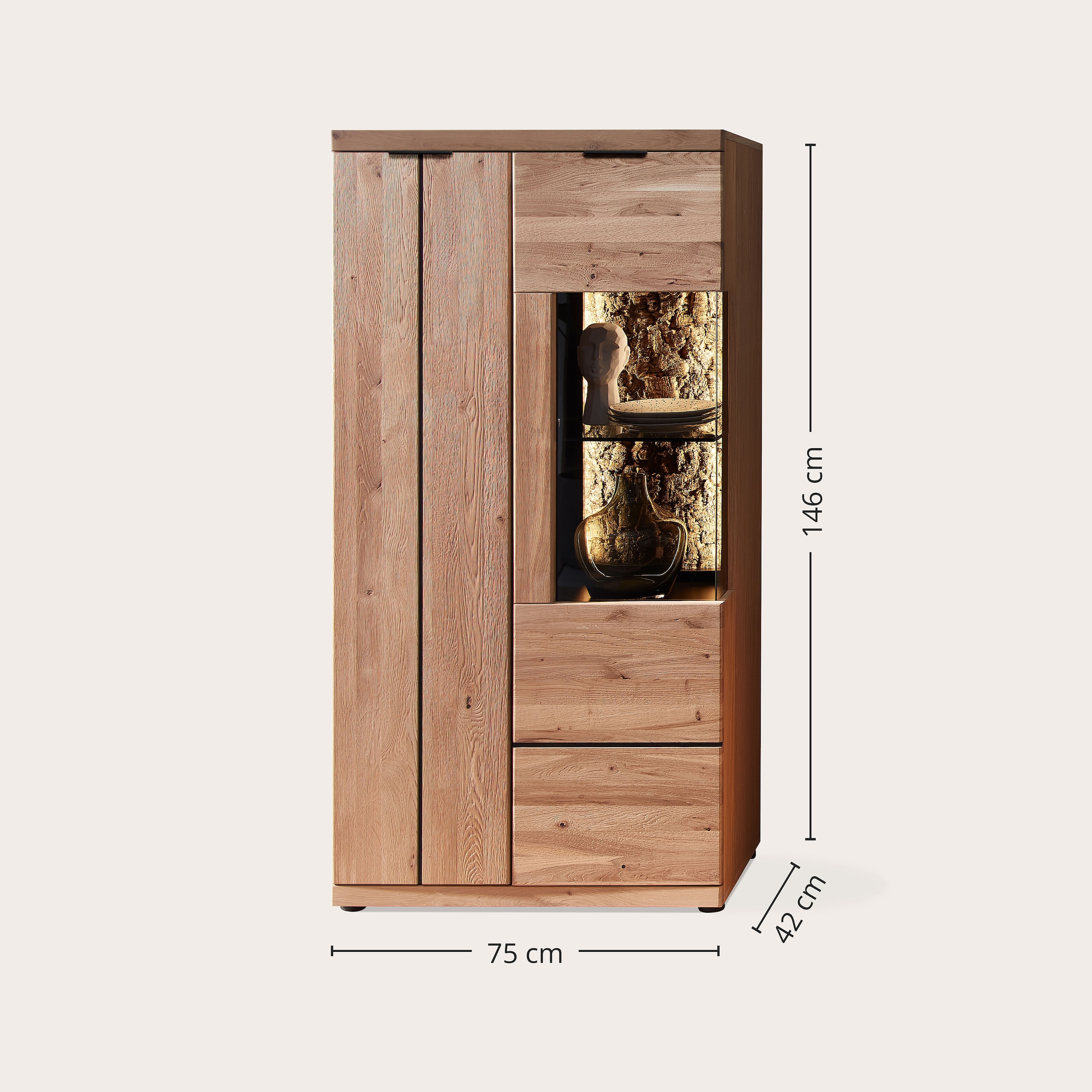 Wohnconcept Vitrines »Donna Vitrine, 75x148x42 (BxHxT)« 1 cuis tlg. Beleuchtung bestellbar, 2 türig, Softclose, Echtkork Absetzung