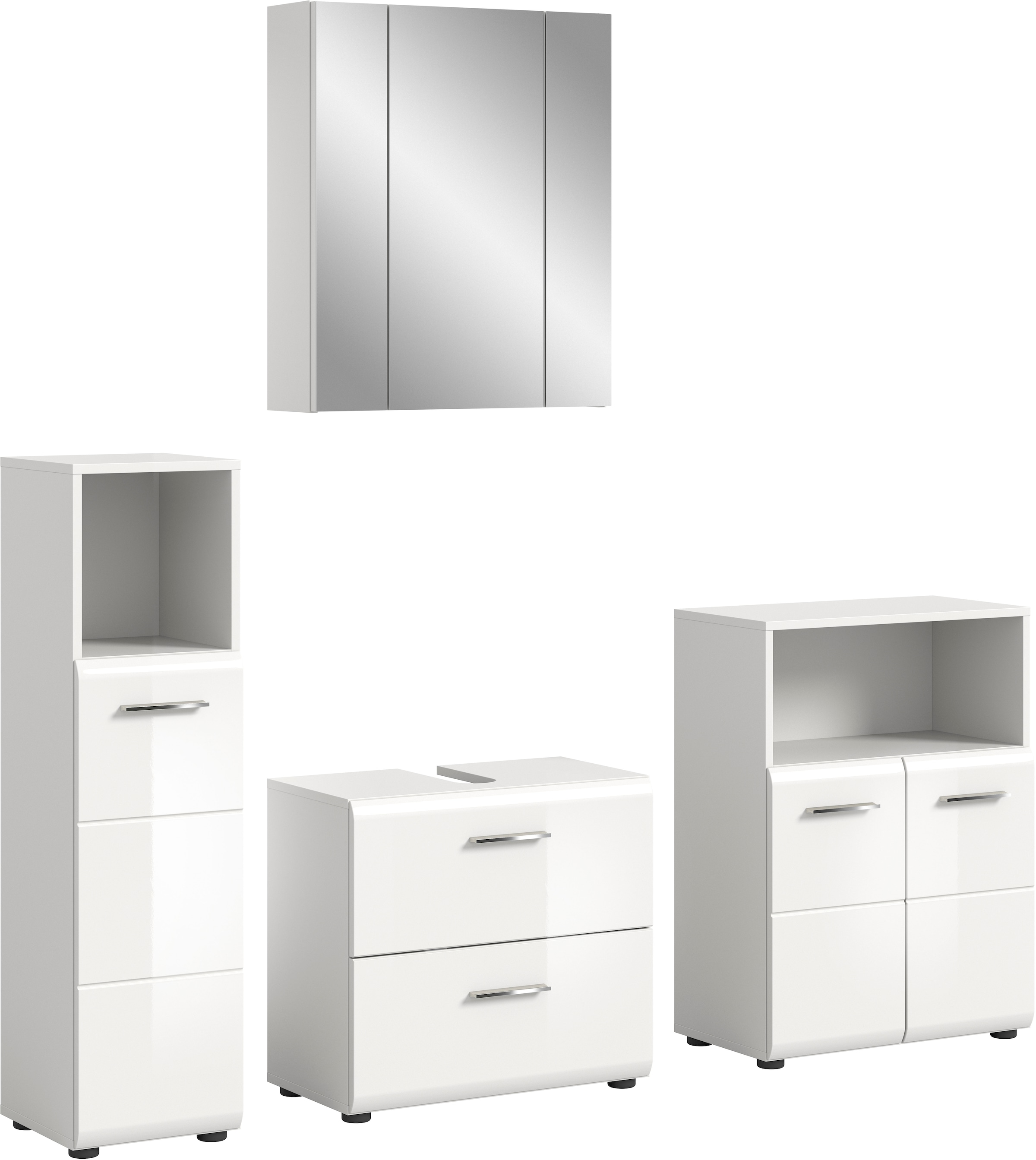 welltime Badmöbel-Set »FLORENZ, TOPSELLER!, 4-teilige Badkombination, hochwertige MDF-Front« Set, Midischrank hoch, WBU, Spiegelschrank, Midischrank breit, 