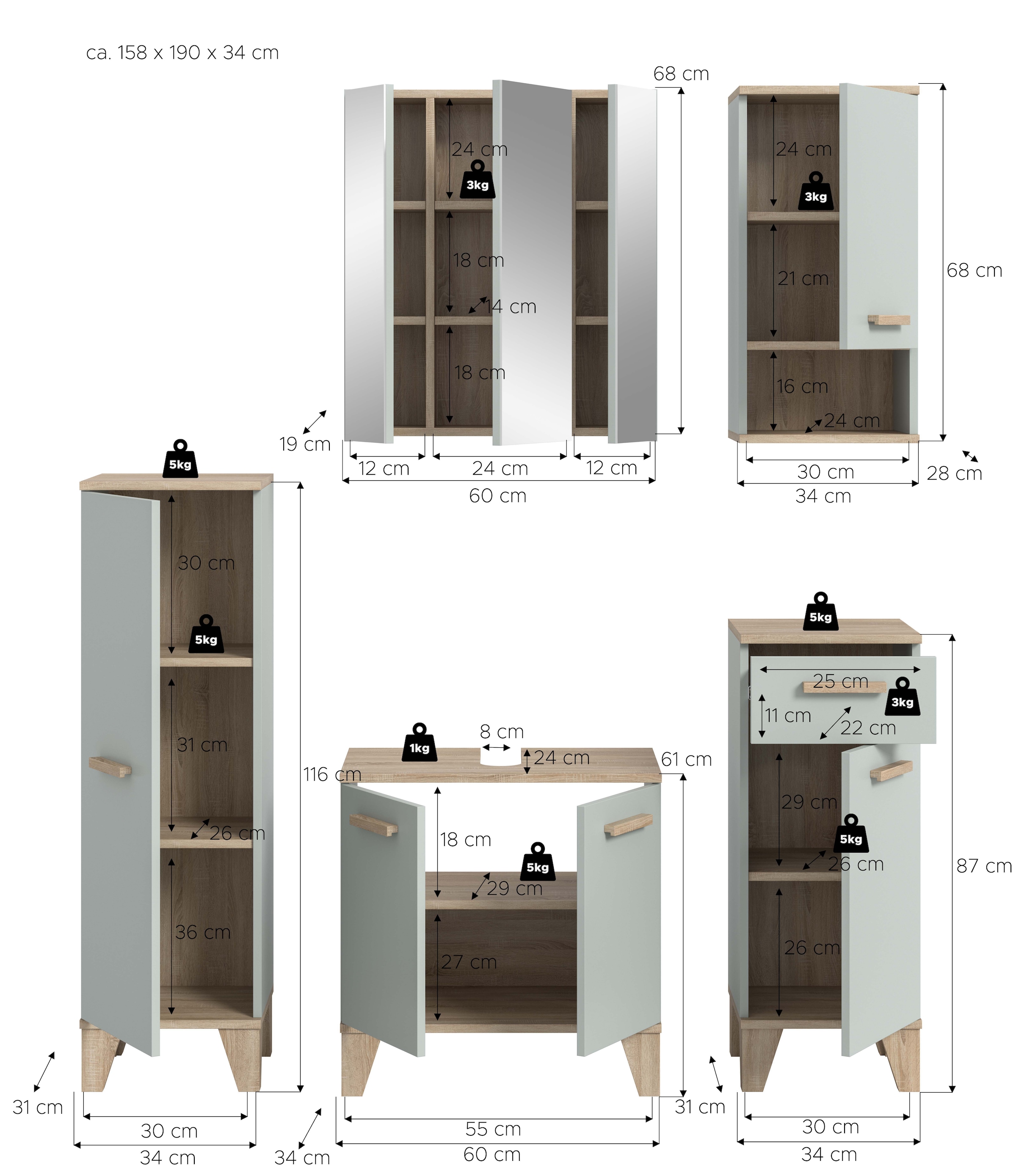 welltime Ensemble de meubles de salle de bain »MINTTU, 5-teilige moderne Badkombination im SCANDI-Look« bestehend aus: 2x Midischrank, WBU, Spiegelschrank, Hängeschrank, 5 cuis tlg.