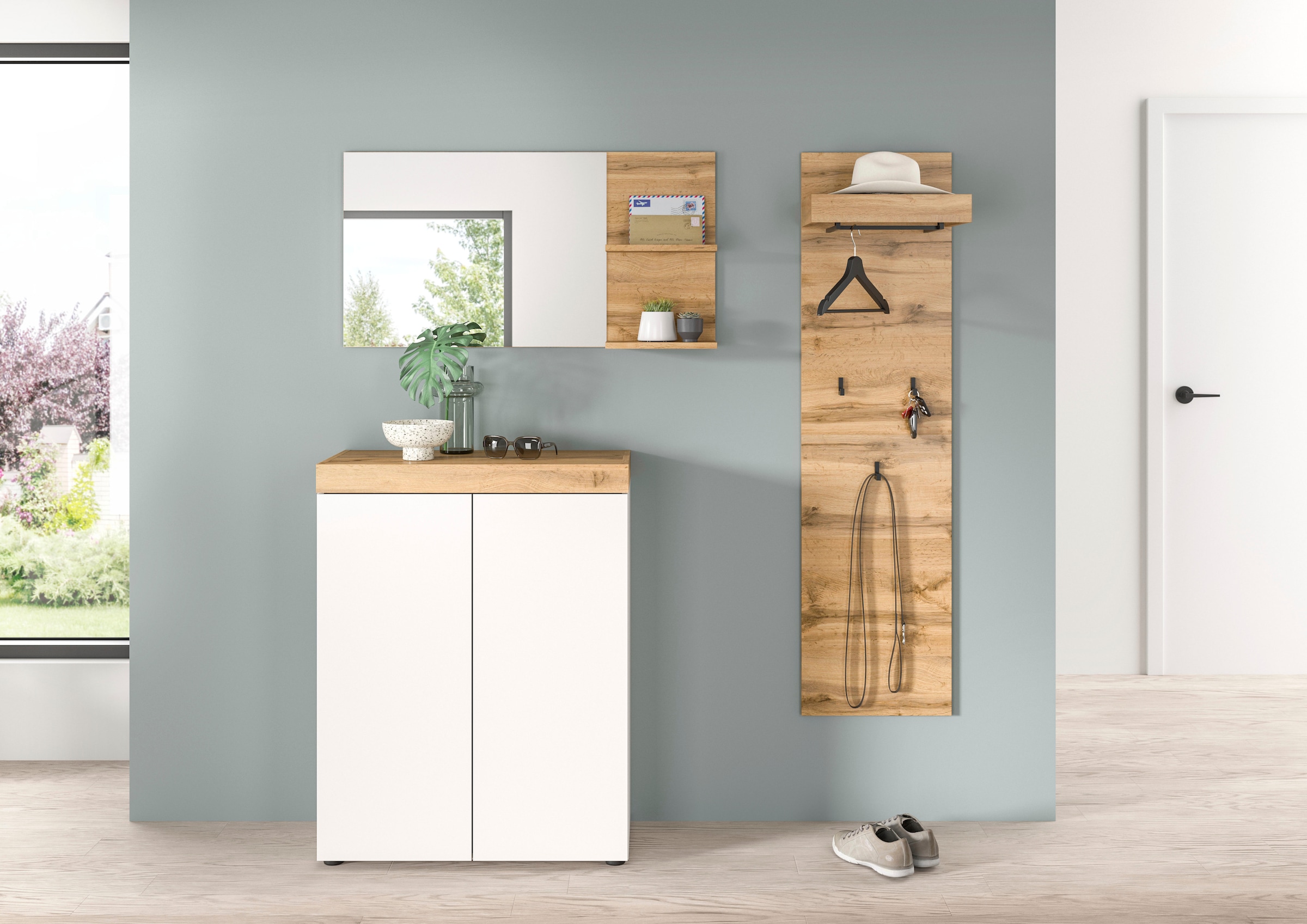 GOODproduct Ensemble de vestiaires »MAMBO, TOPSELLER!, 3-teilige Kombination, stehend & hängend montierbar« bestehend aus: Kommode, Spiegel, Garderobenpaneel, 3 cuis tlg.