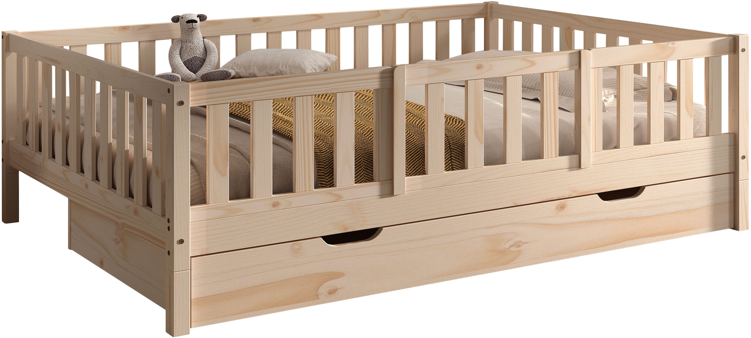 Vipack Daybett »Dallas Massiv Bett mit Rausfallschutz umbaubar vom Boden- zum Daybett« mit Bettschublade, wahlweise Kiefer massiv natur oder weiss