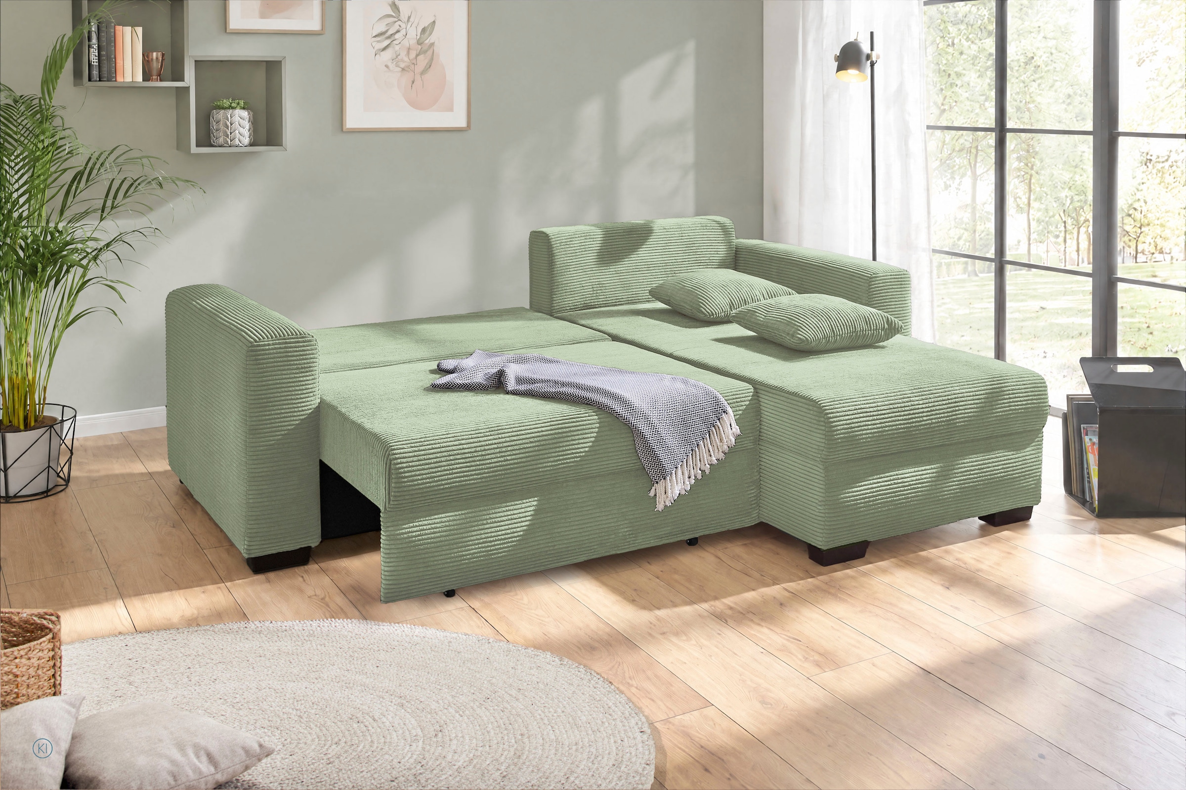 Jockenhöfer Gruppe Ecksofa »Ecksofa Elmau, Grösse Ottomane: L, B:235cm, optional mit Topper« mit Schlaffunktion, Bettkasten & 2 Zierkissen