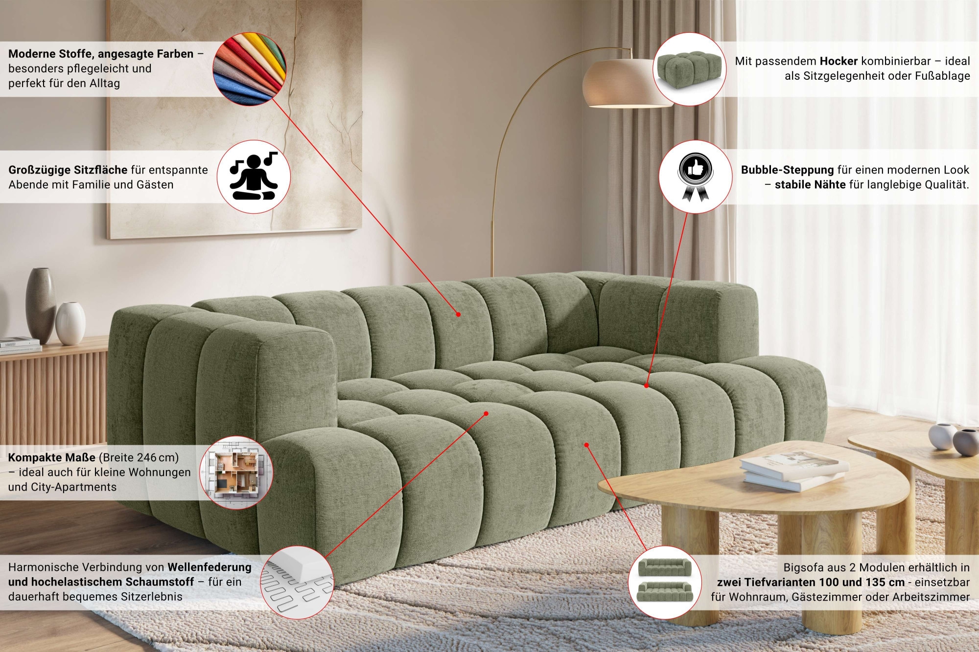 homsy by Ana Johnson Canapé Big »»XL« BOUBELLE Design-Sofa extra tief, Bubble-Optik, Breite 246 cm« 4-Sitzer mit Wellenunterfederung, XL Sitztiefe 100 cm