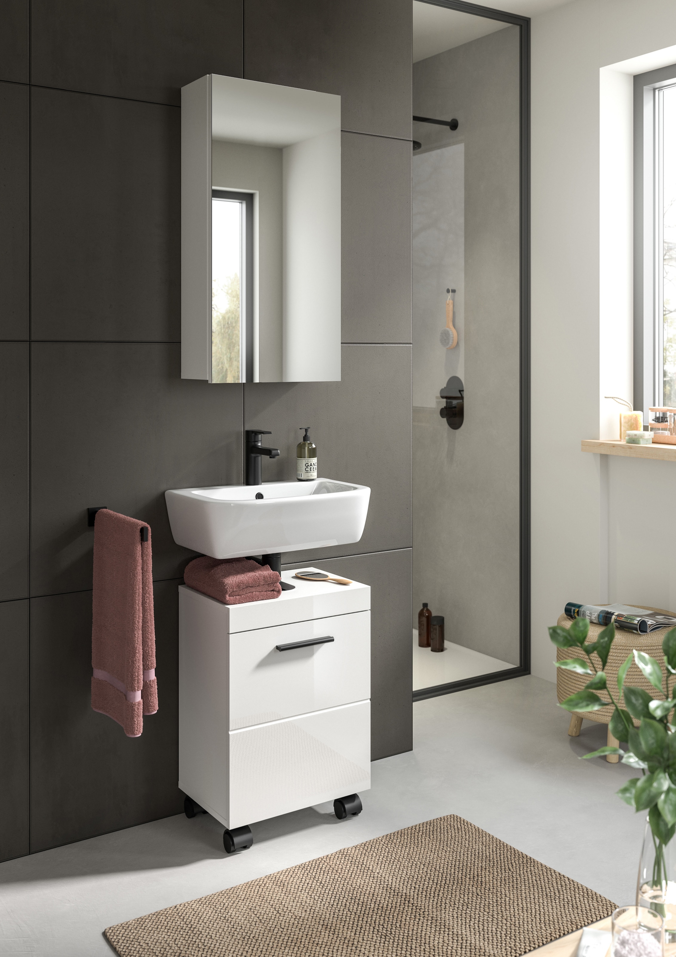 welltime Ensemble de meubles de salle de bain »AVON, Breite 40 cm, 2-teilige moderne Badkombination, auf Rollen« bestehend aus: Waschbeckenunterschrank & Spiegelschrank, 2 cuis tlg.