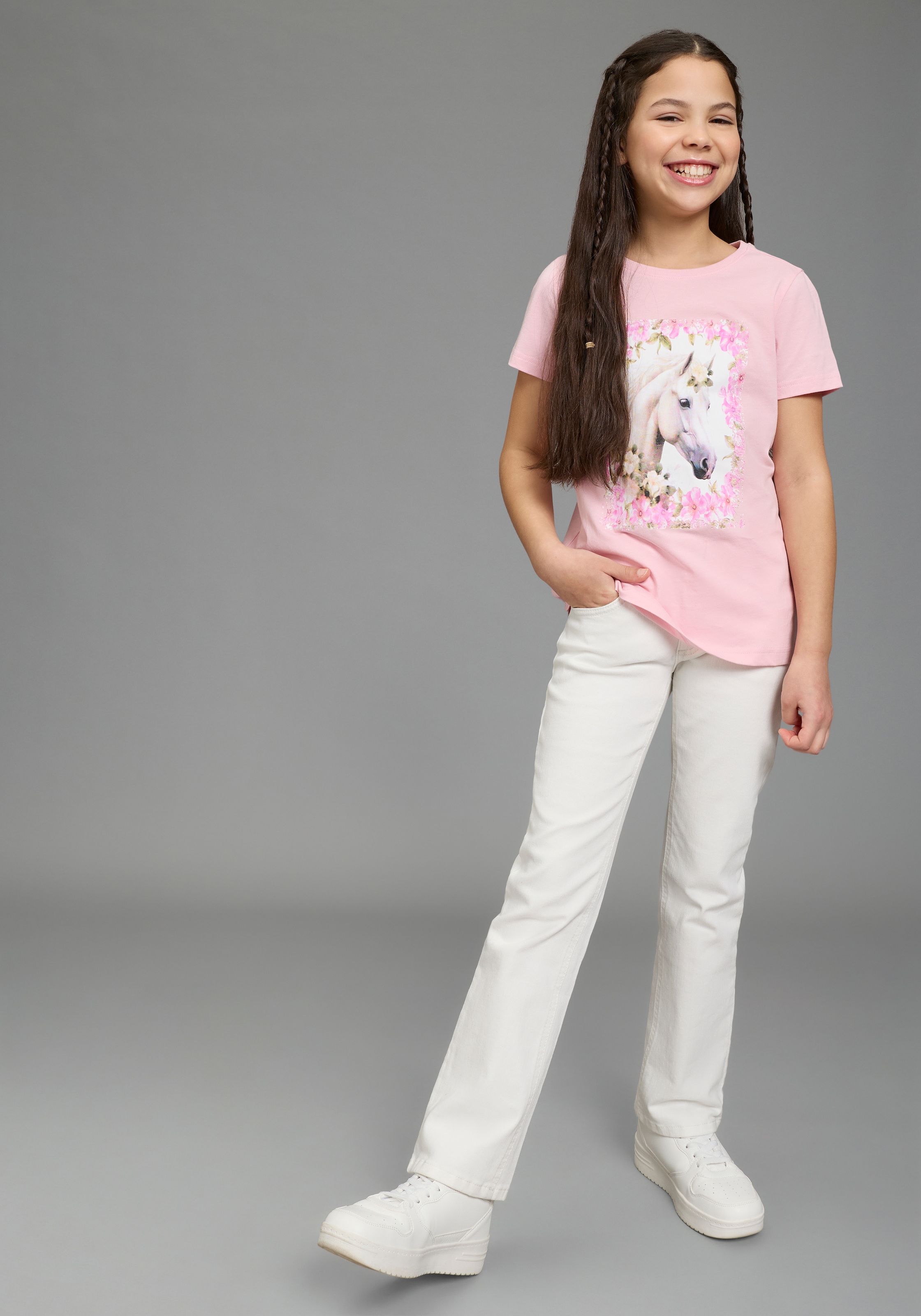 KIDSWORLD T-shirt »Süsser Pferde-Fotodruck« für Mädchen, Kurzarm, mit Rundhalsausschnitt, mit coolem Druck