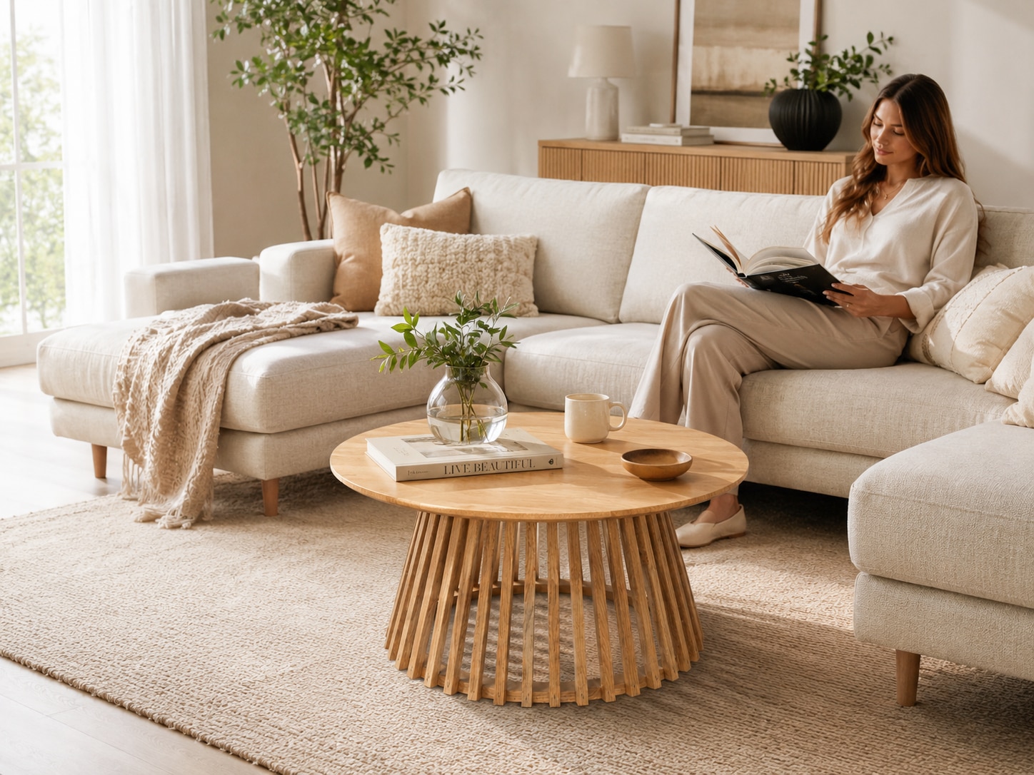 GOODproduct Couchtisch »Lovran, Wohnzimmertisch, Sofatisch, Beistelltisch, Kaffeetisch« Runder Tisch (Ø60) aus Wildeiche Natur/Smoke mit Konus-Lamellenfuss