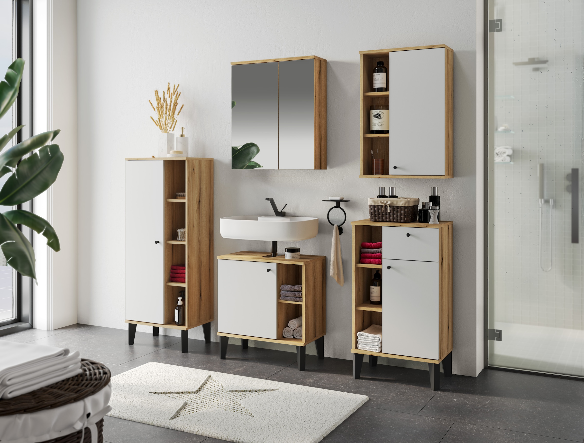 INOSIGN Miroir de salle de bain »Oslo, Spiegelschrank in Eiche Evoke, Spiegel im skandinavischen Design« Aufbewahrungsschrank mit 2 Spiegeltüren, wahlweise mit LED