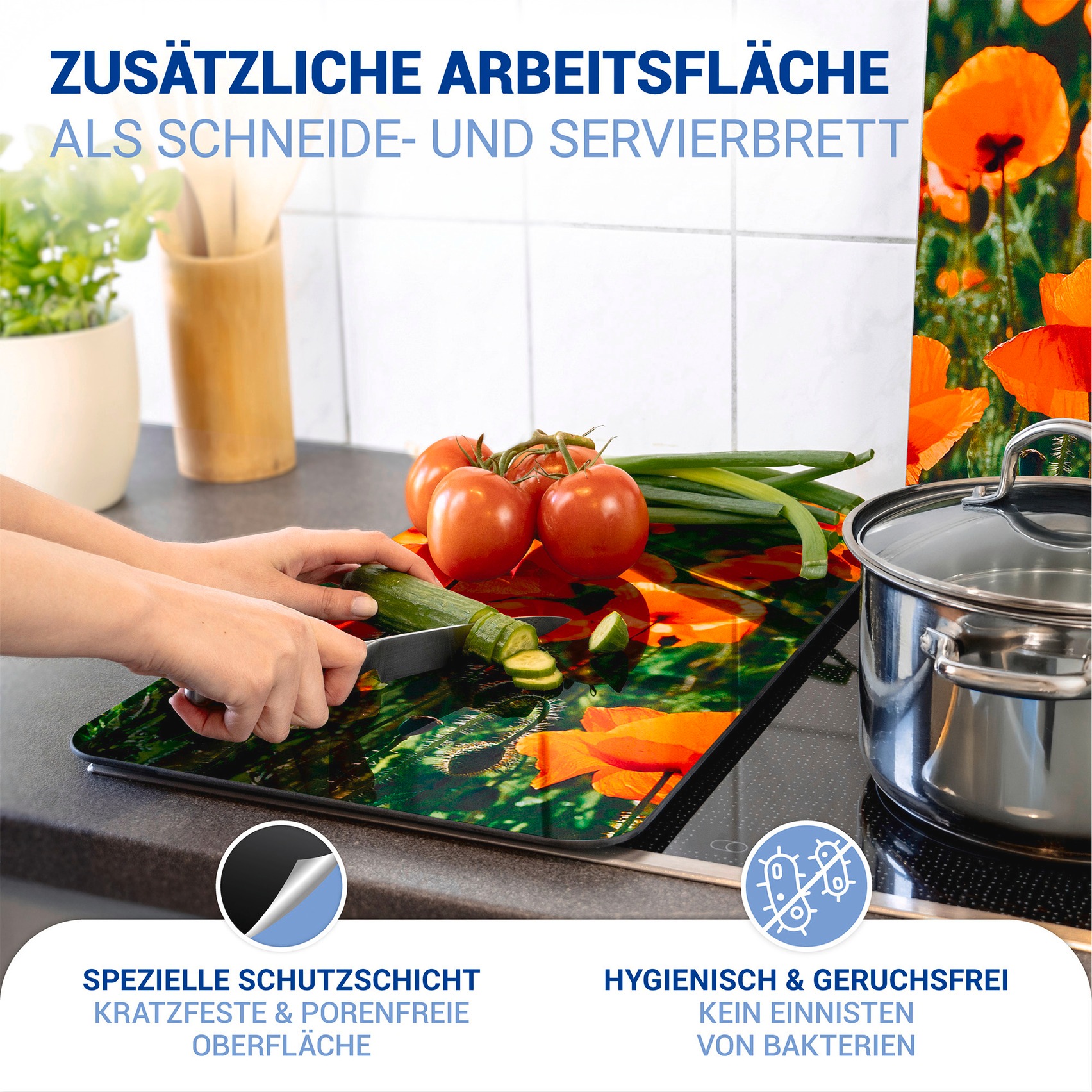 WENKO Herd-Abdeckplatte »Universal Modell Mohnfeld« Herdabdeckung für alle Herdarten, kratzfest, mit rutschfesten Füssen