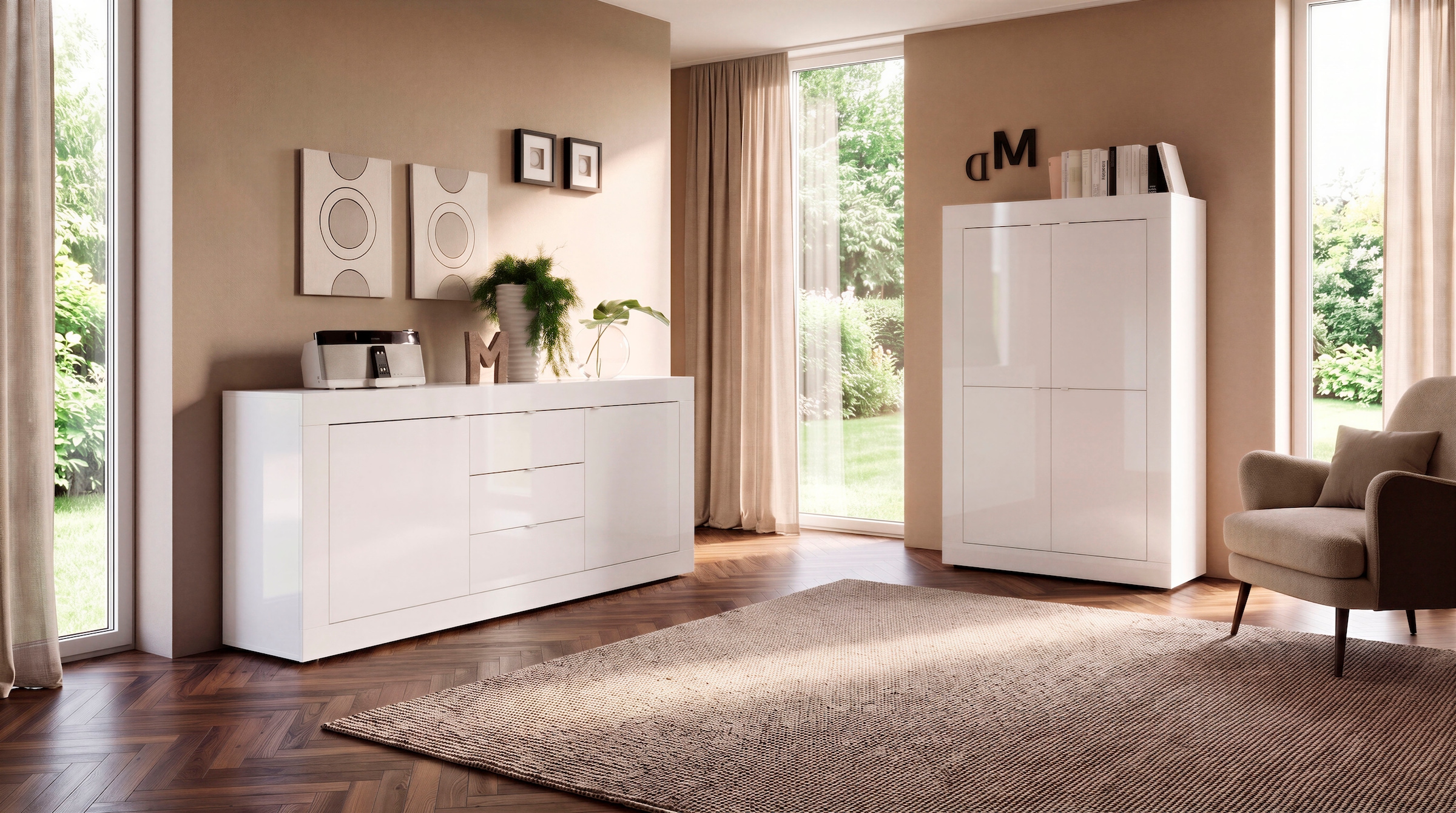 Home affaire Buffet »Basic Breite 210 cm, Kommode 2 Türen, 3 Schubkästen, Anrichte,« poignée en métal, design moderne du cadre, grand espace de rangement, choix de couleurs