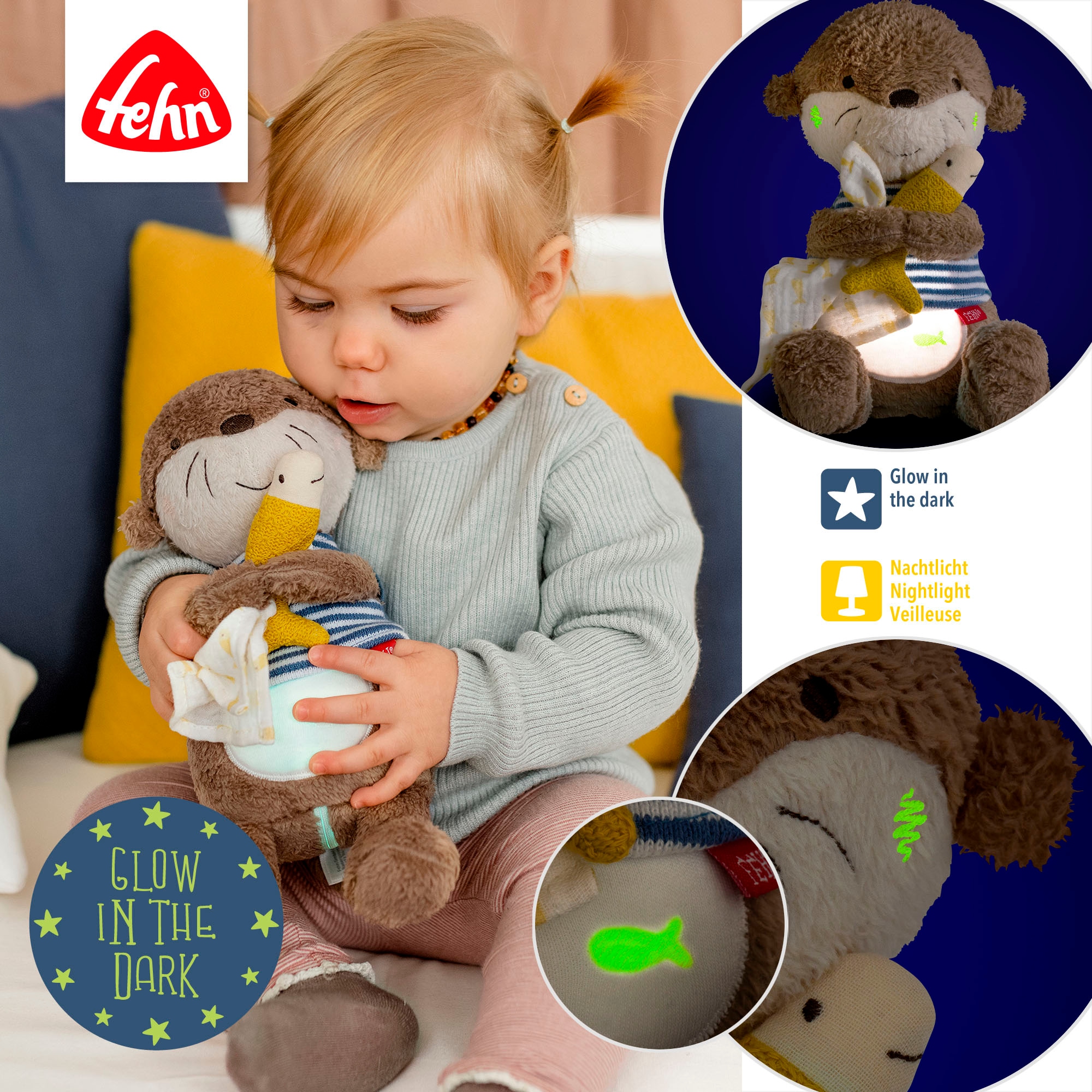 Fehn Kuscheltier »Otter Theo, Nachtlicht« mit »Glow-in-the-dark«-Bestickung & Nachtlicht-Modul