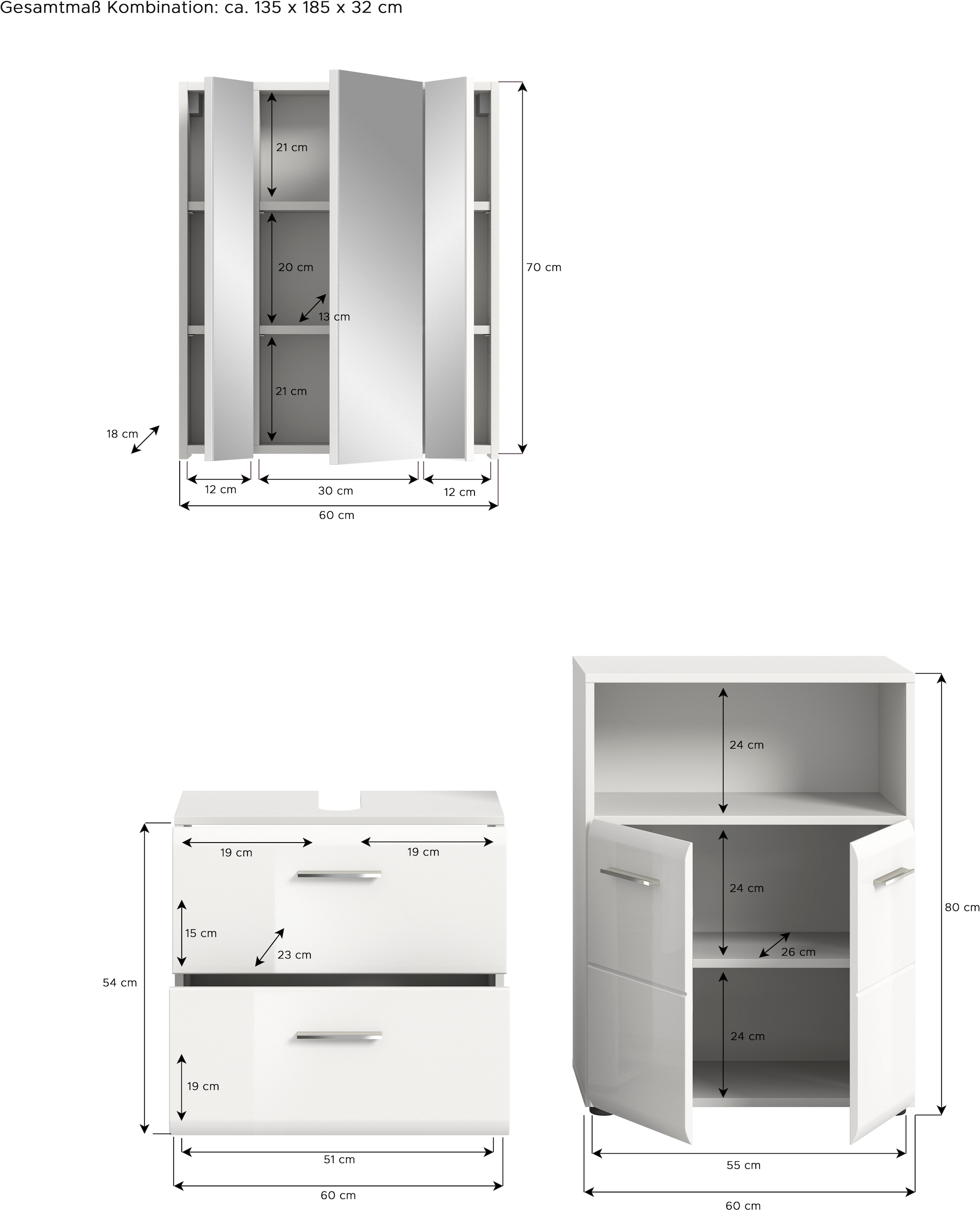 welltime Badmöbel-Set »FLORENZ, TOPSELLER!, 3-teilige Badkombination, hochwertige MDF-Front« Set, best. aus: Waschbeckenunterschrank, Spiegelschrank, Midischrank breit, 