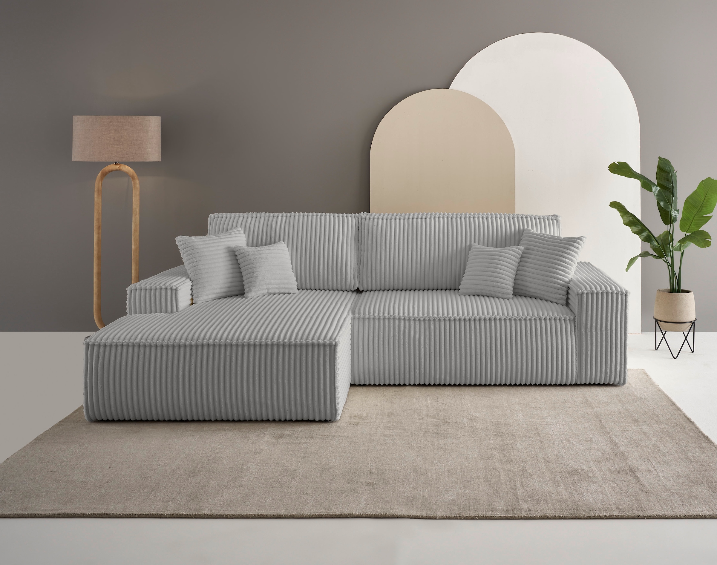 GOODproduct Ecksofa »FINNLEY, L-Form 257 cm, Schlafsofa« mit Bettkasten, in Bouclé, Struktur fein und Mega Cord