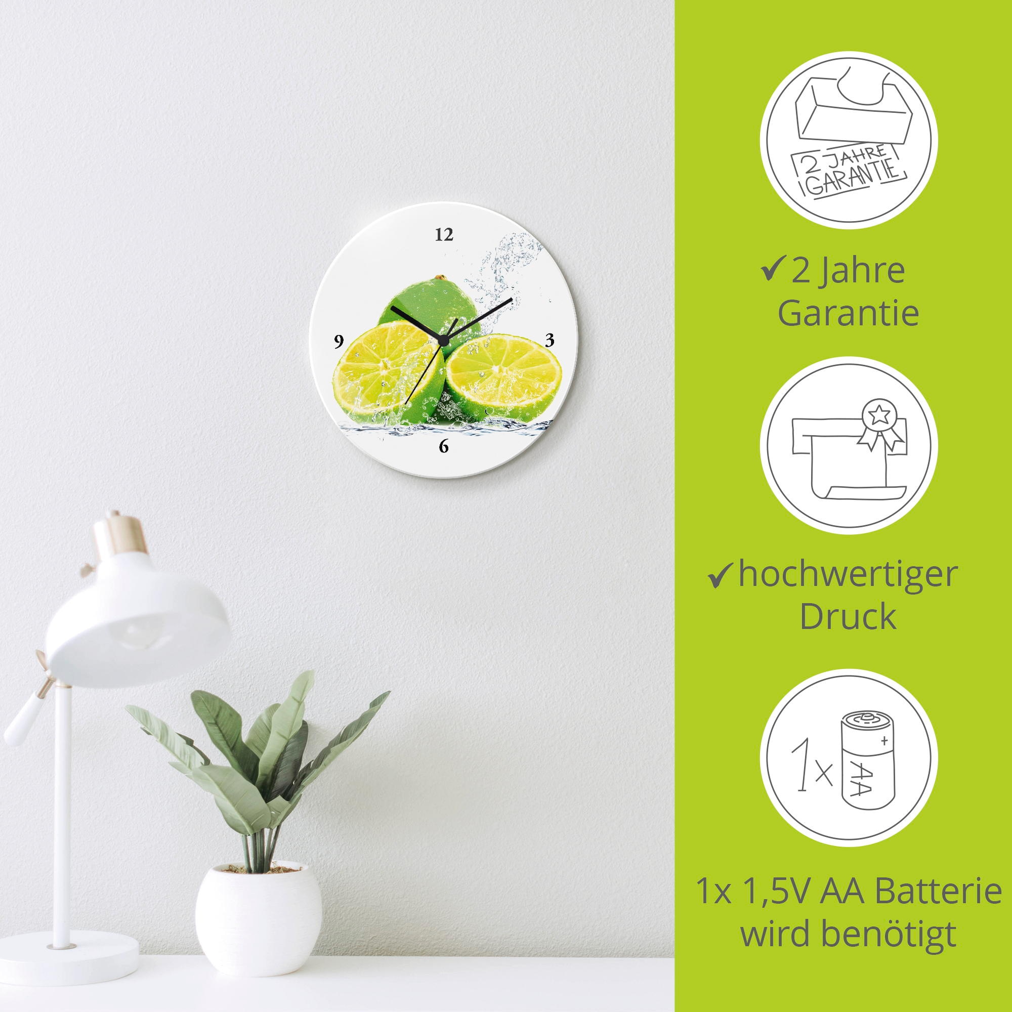 Artland Wanduhr »Limette mit Spritzwasser« wahlweise mit Quarz- oder Funkuhrwerk, lautlos ohne Tickgeräusche