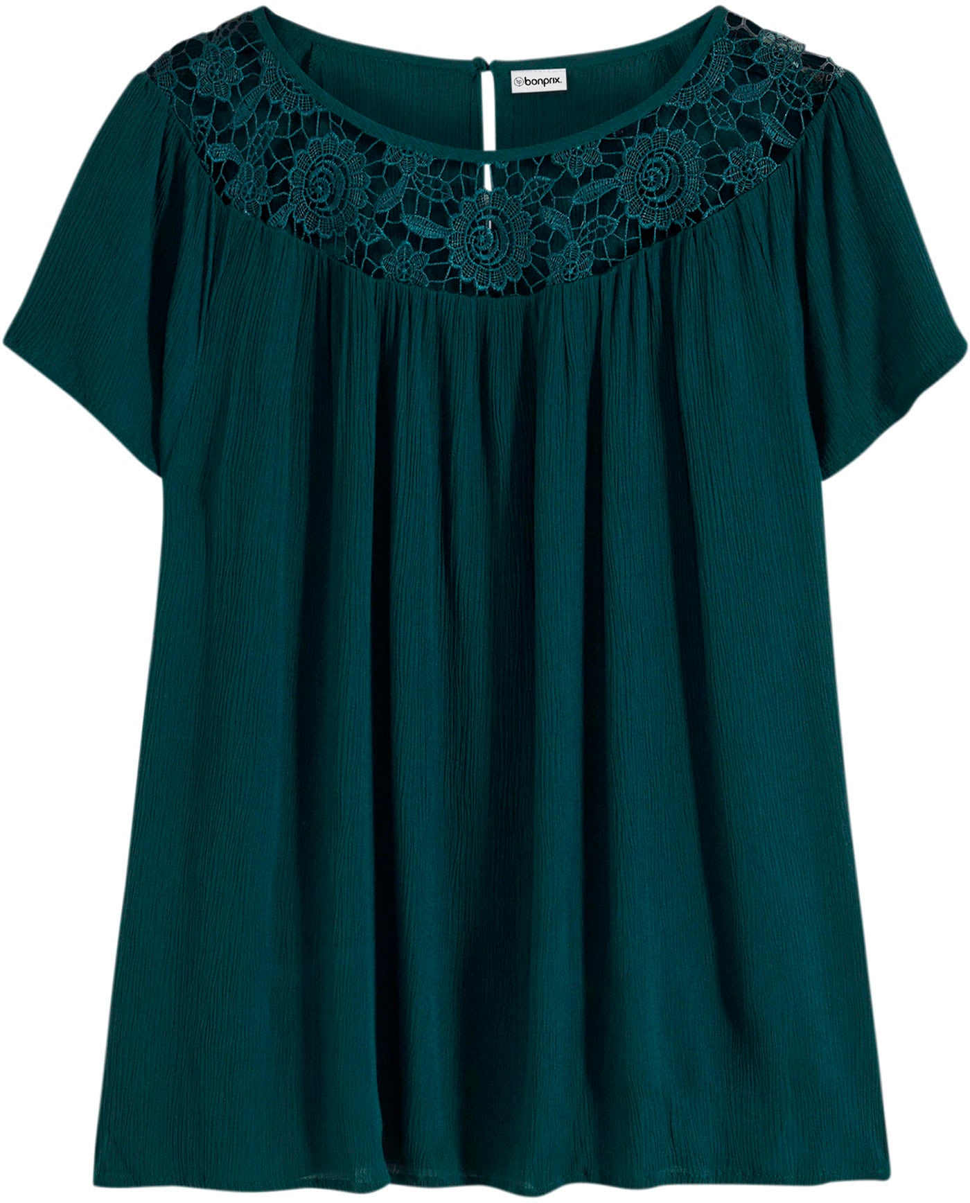 bonprix Kurzarmbluse »Bluse aus reiner Viskose« gerade Passform, für vielseitige Anlässe, aus Viskose, mit Spitze
