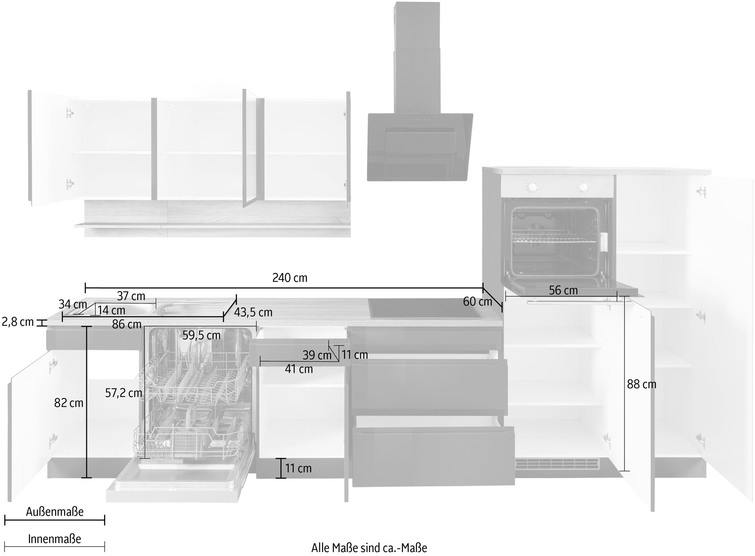KOCHSTATION Kitchenette »KS-Virginia,neu in verbesserter Ausführung« plan de travail épaisseur 38 mm, rangement, fermeture douce,  largeur 350 cm, soft-close, sans appareils électriques